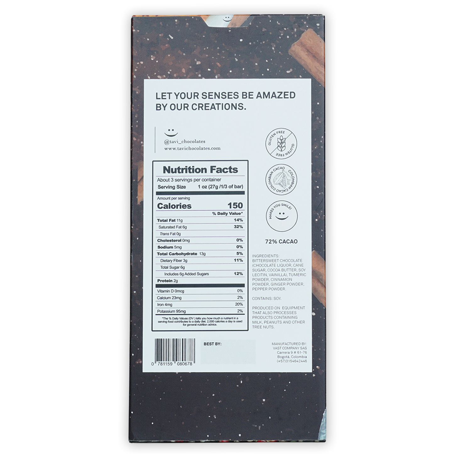 Tavi Dark Golden Mix 72% spiced dark chocolate bar in speckled black wrapper