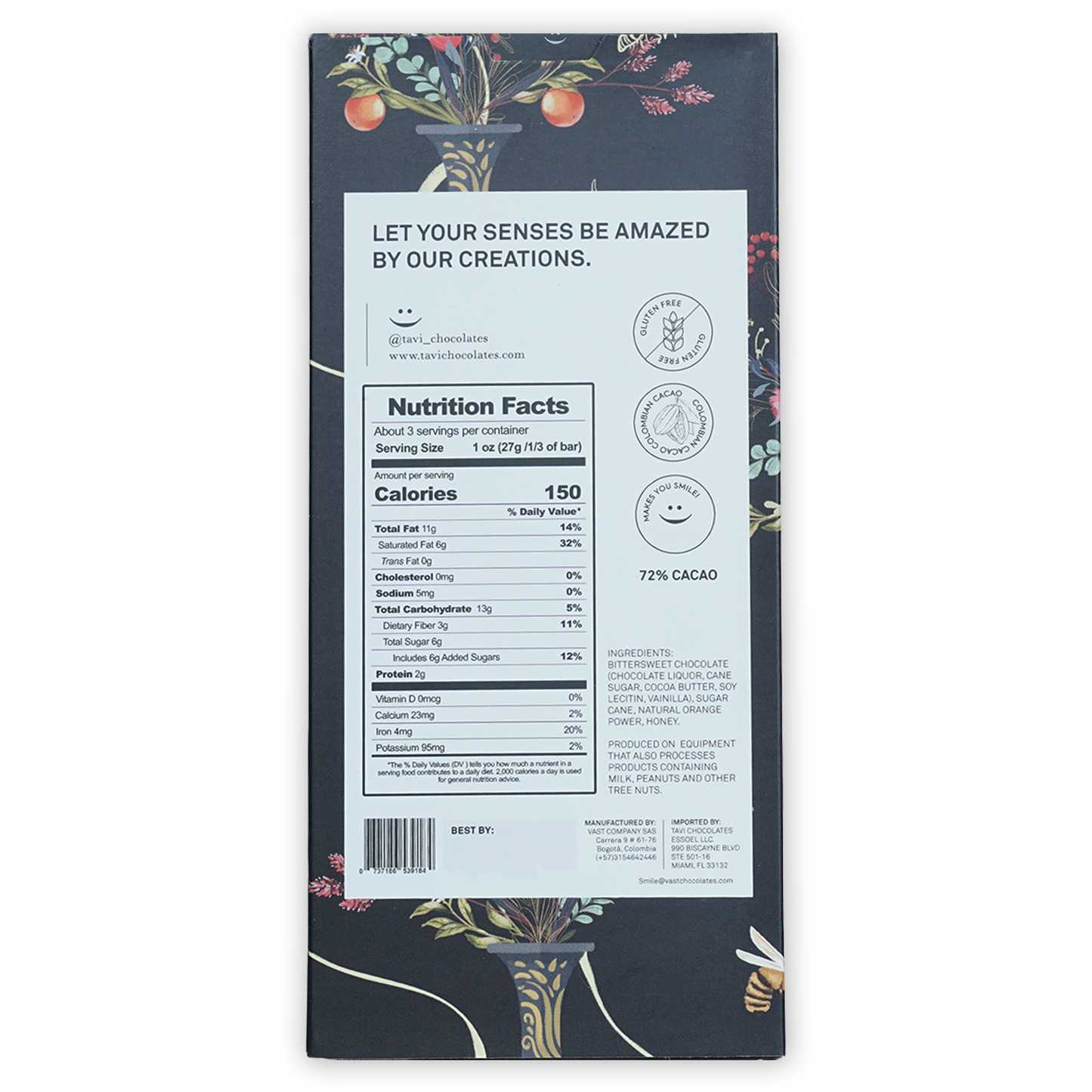 Tavi Dark Orange Honeycomb 72% chocolate bar with floral wrapper