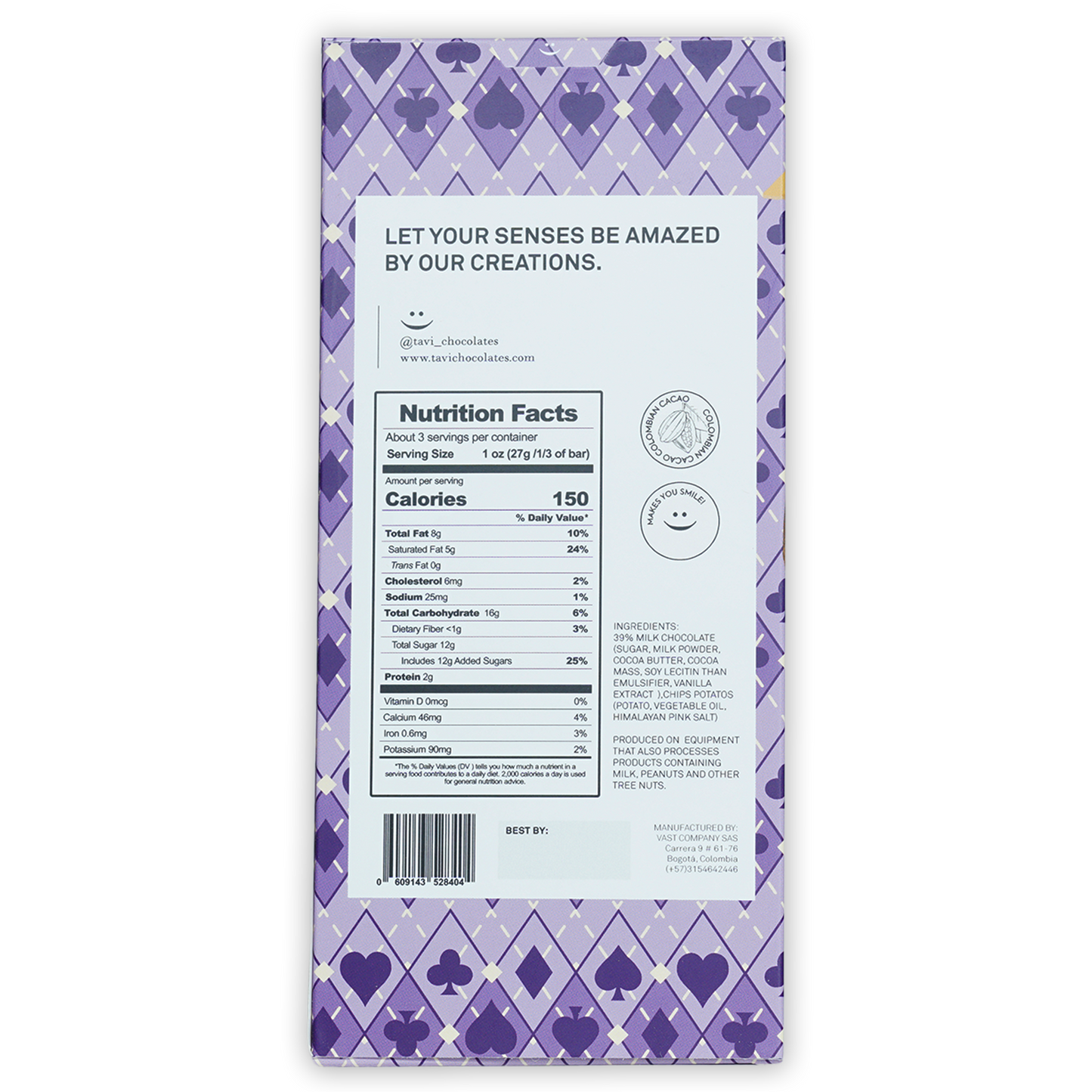 Tavi Milk w/ Crunchy Potato Chips 39% purple wrapper with diamond card suits