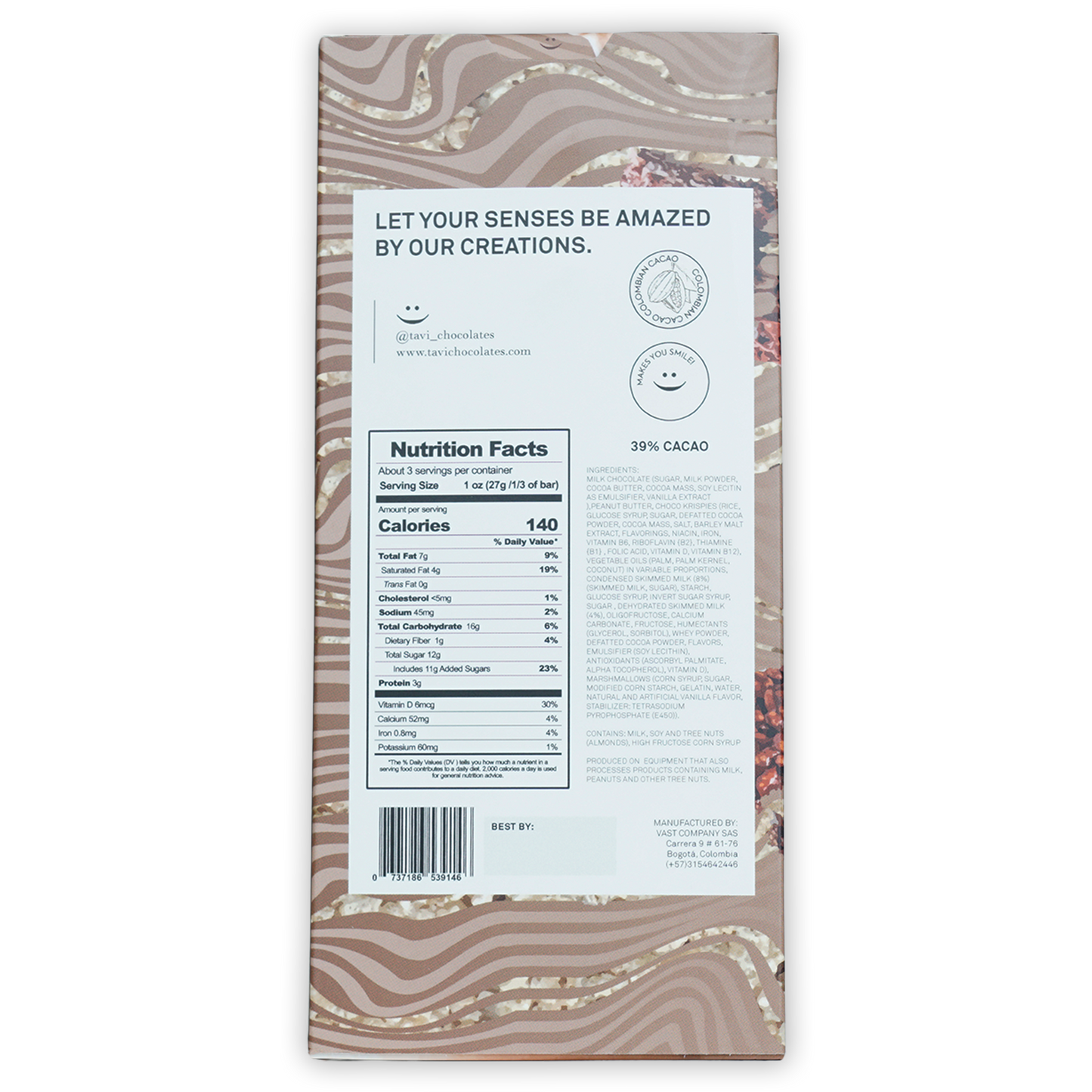 Tavi Milk Peanut Butter Crisp 39% zebra-striped wrapper with nutrition label