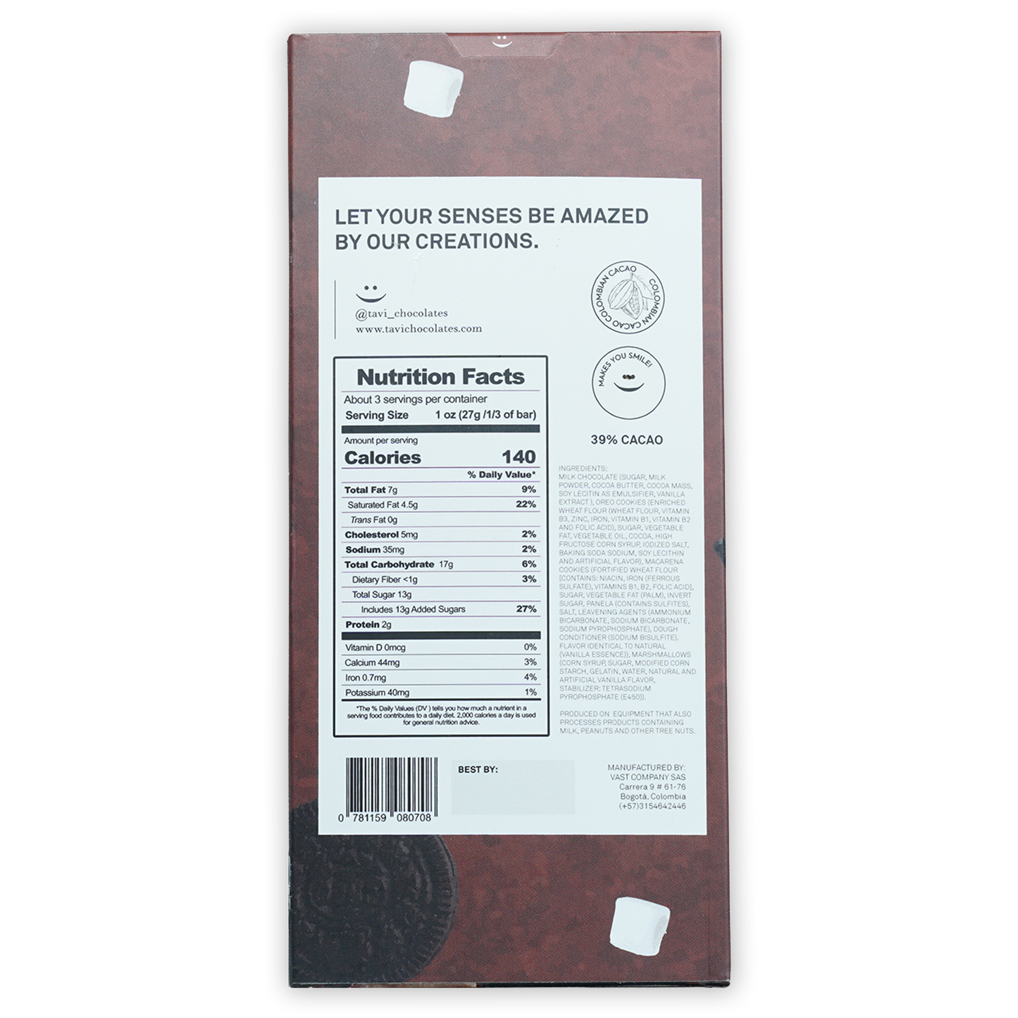 Back of Tavi Milk The Smoreos Bar: matte translucent pink wrapper with white nutrition label