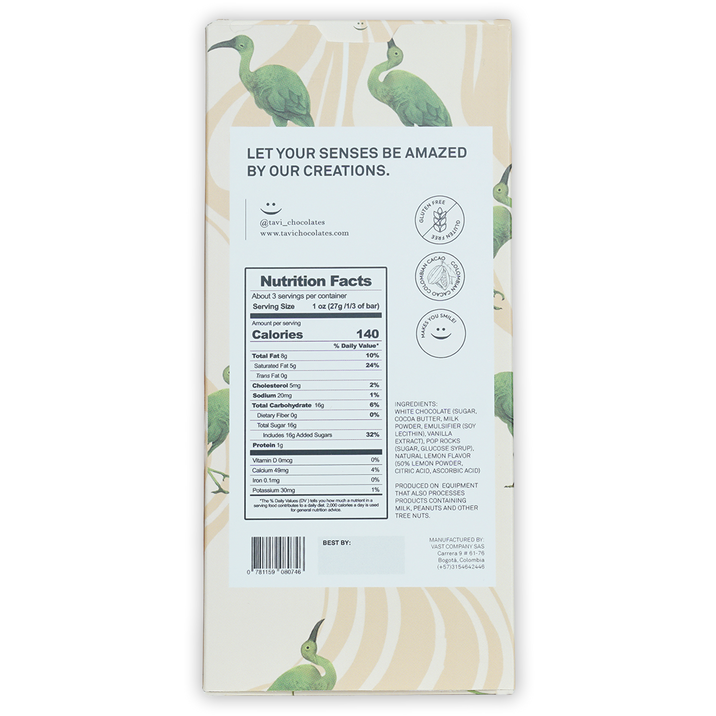 Tavi White w/ Lemon & Pop Candy cream wrapper with green birds and nutrition label