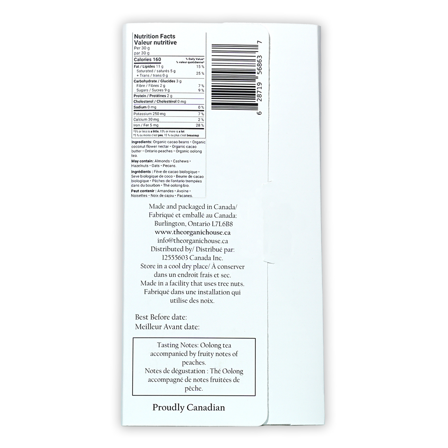 Back of The Organic House Dark Oolong Orchard O’Payo 65% white paper packaging with bilingual nutrition facts