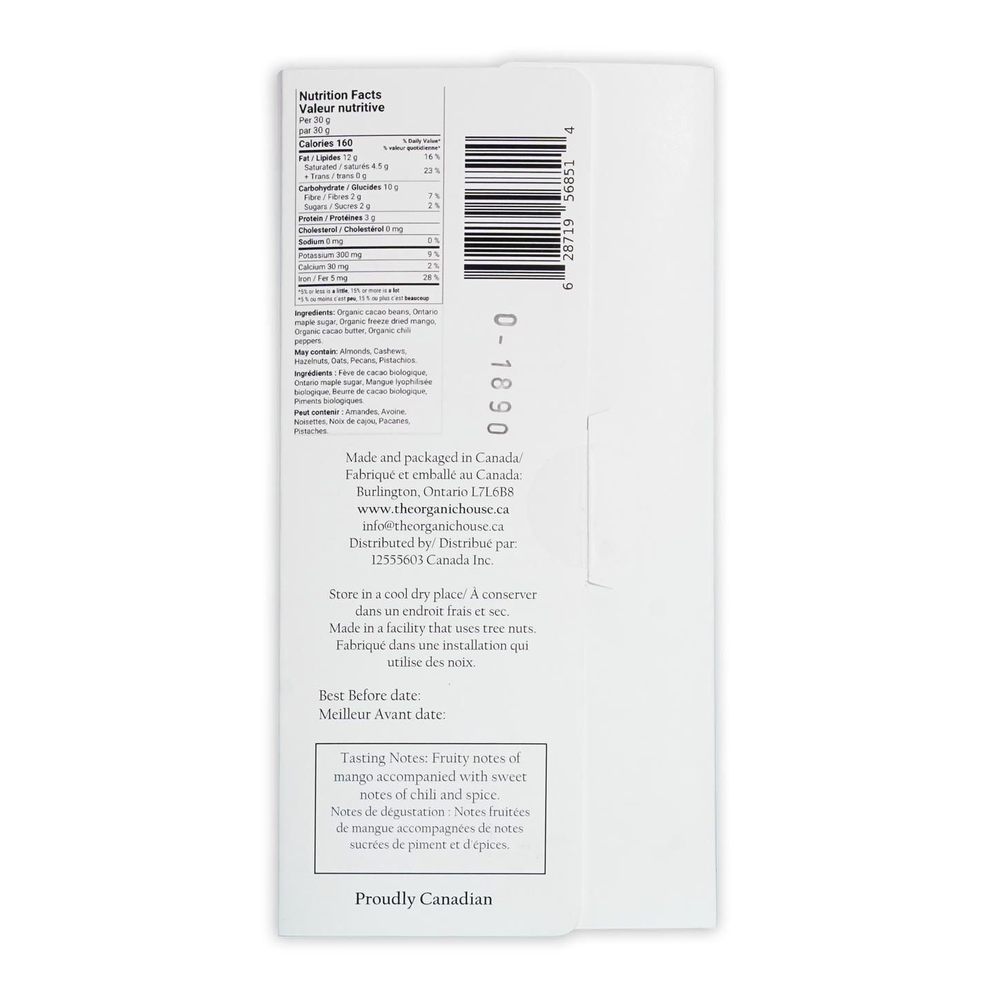 White paper packaging for canadian-made organic snack the organic house mango chili dark 70 percent chocolate