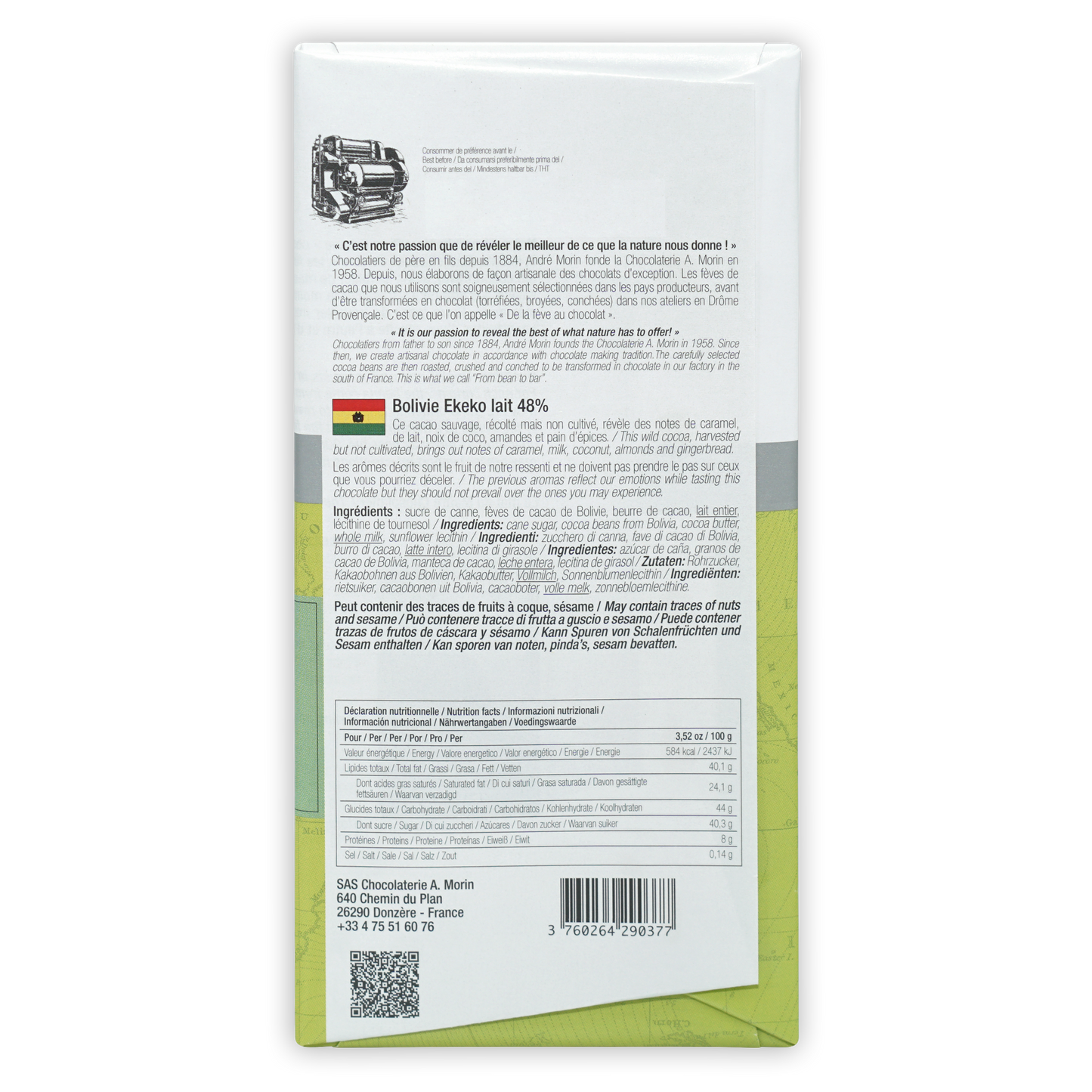 Back of A. Morin Bolivia Ekeko Milk 48% white green wrapper