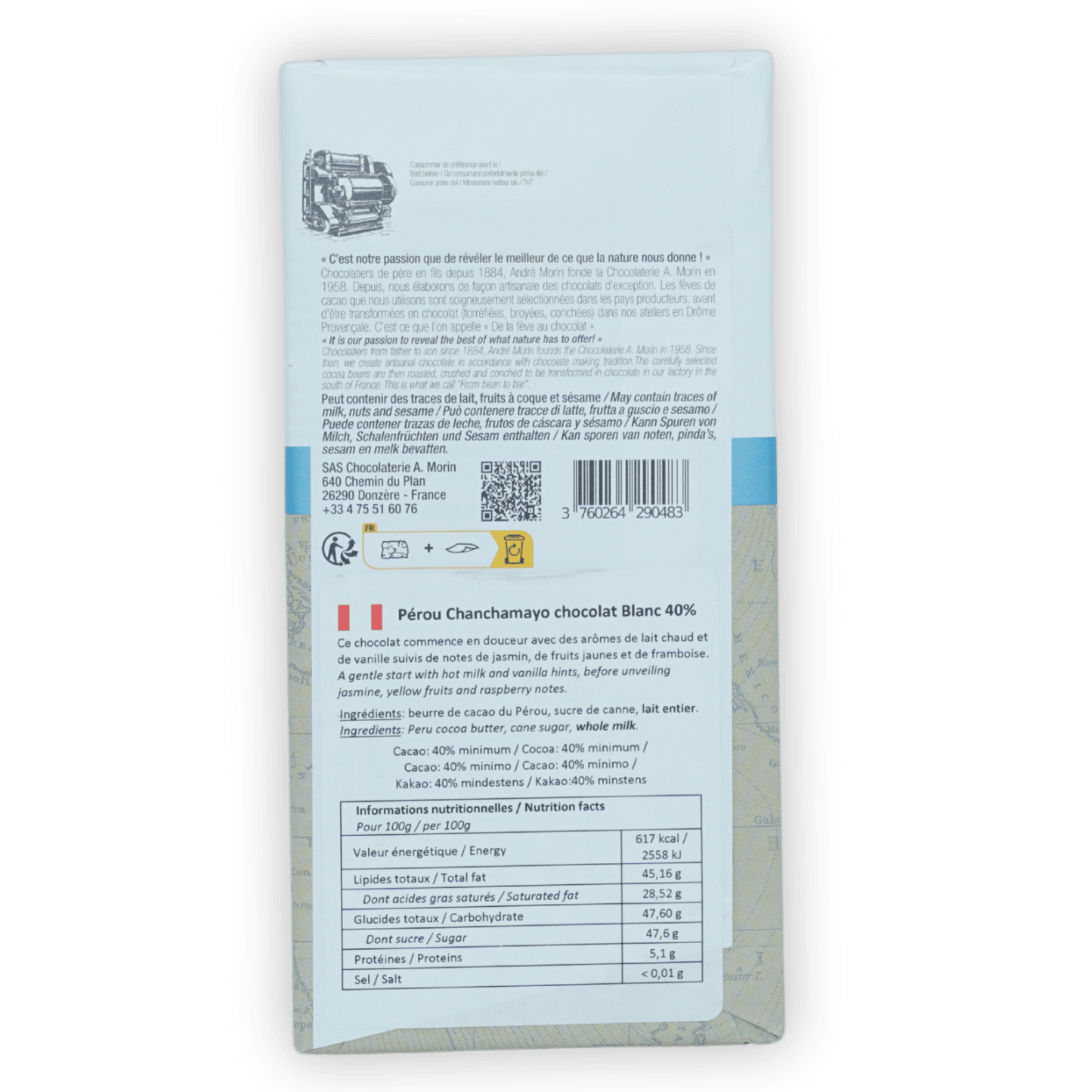 Back of A. Morin Perou Chanchamayo White 40% bar wrapper with French text
