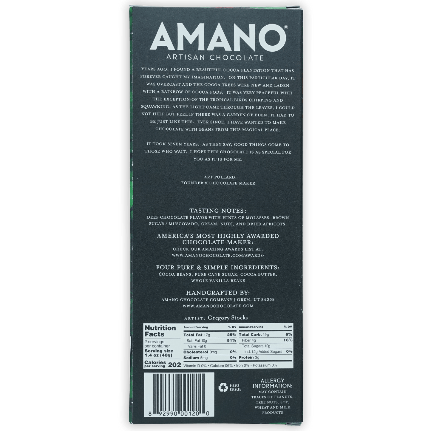 Back of Amano Macoris 70% dark green artisan chocolate bar box