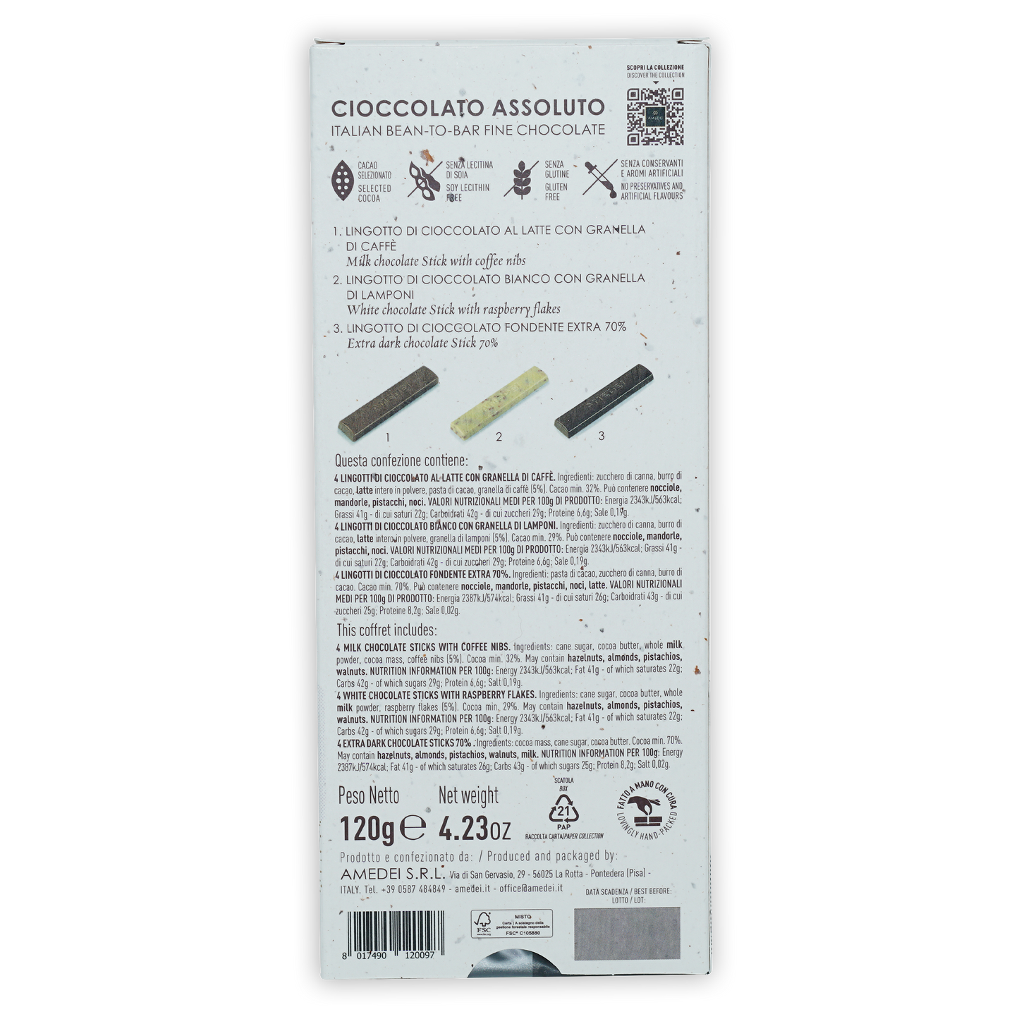 Amedei Armonia gift box with milk, white, extra dark chocolate sticks, granella, raspberry flakes