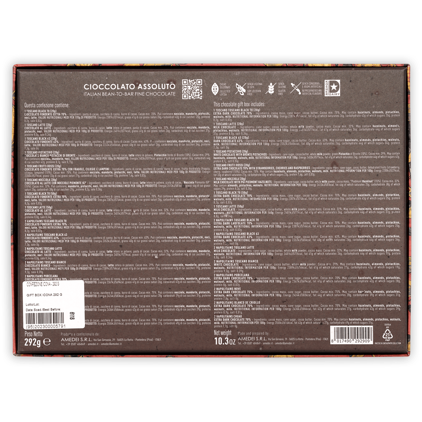 Amedei dark brown cioccolato assoluto chocolate box back with Italian text