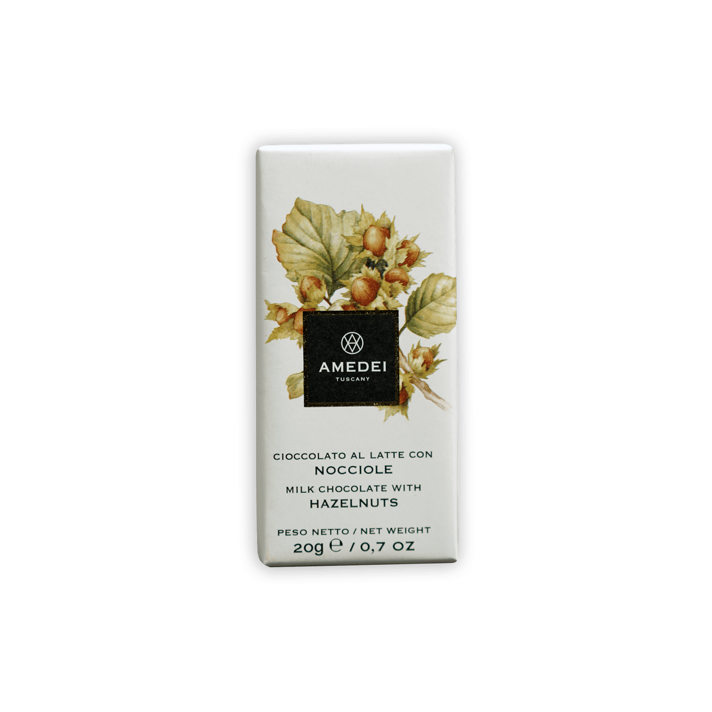 Amedei Mini Bars Milk w/ Hazelnut white chocolate bar with botanical label