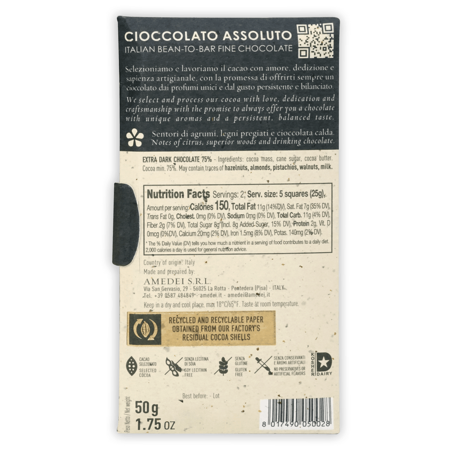 Amedei Signature Nove 75% dark chocolate bar in cream wrapper