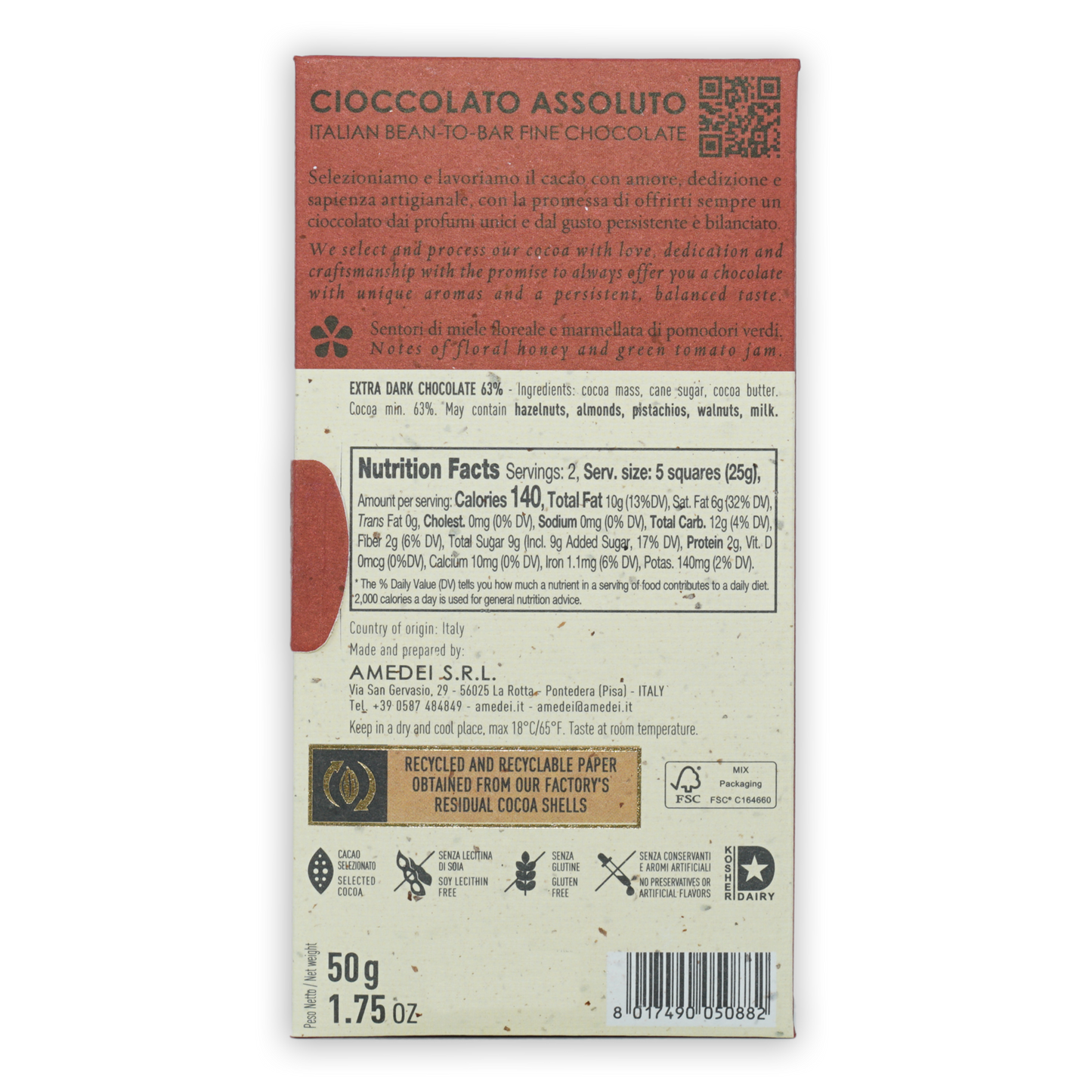 Amedei Toscano Black 63% off-white wrapper with reddish-brown top and bilingual text