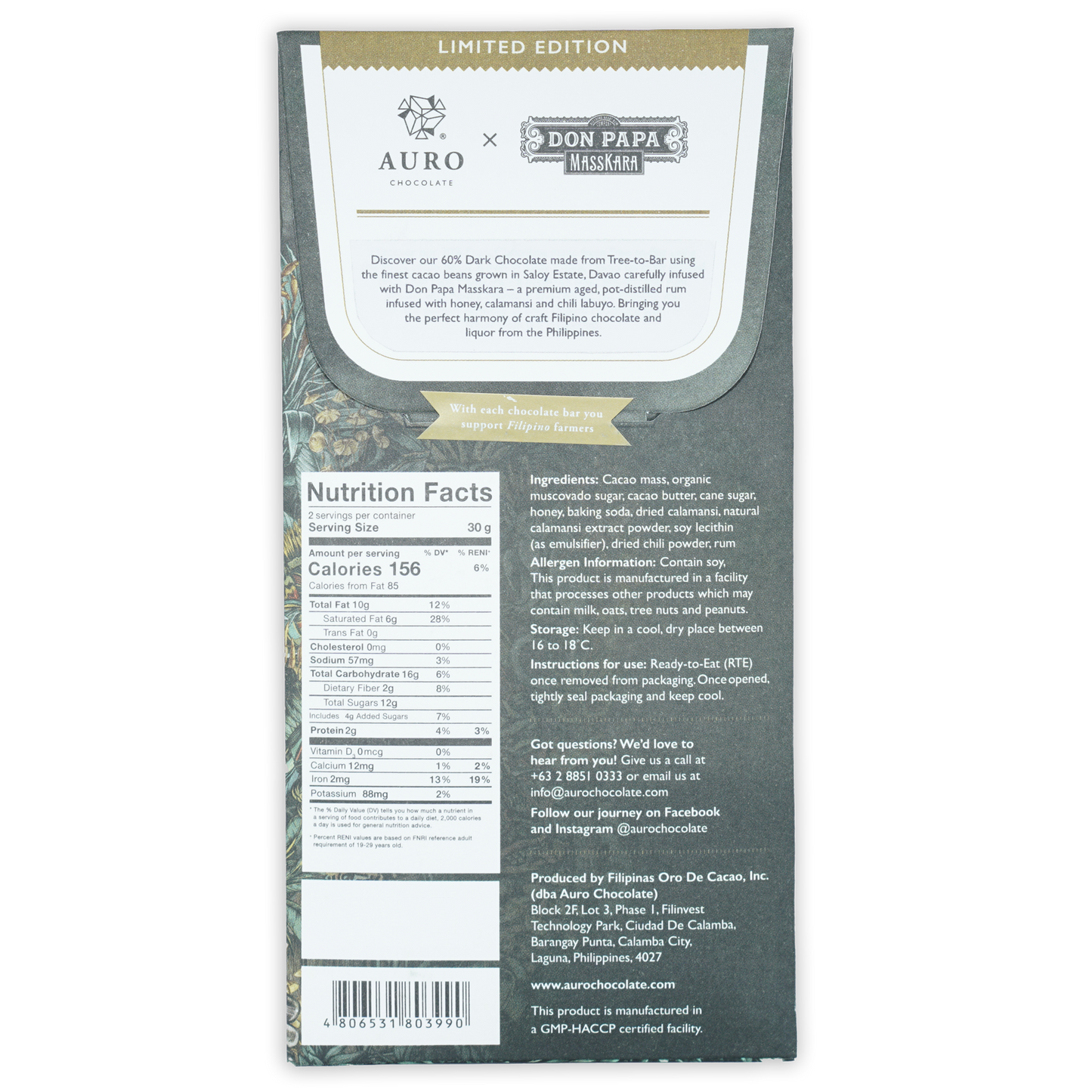 Limited edition Auro x Don Papa Rum Masskara dark chocolate bar with matte gray wrapper