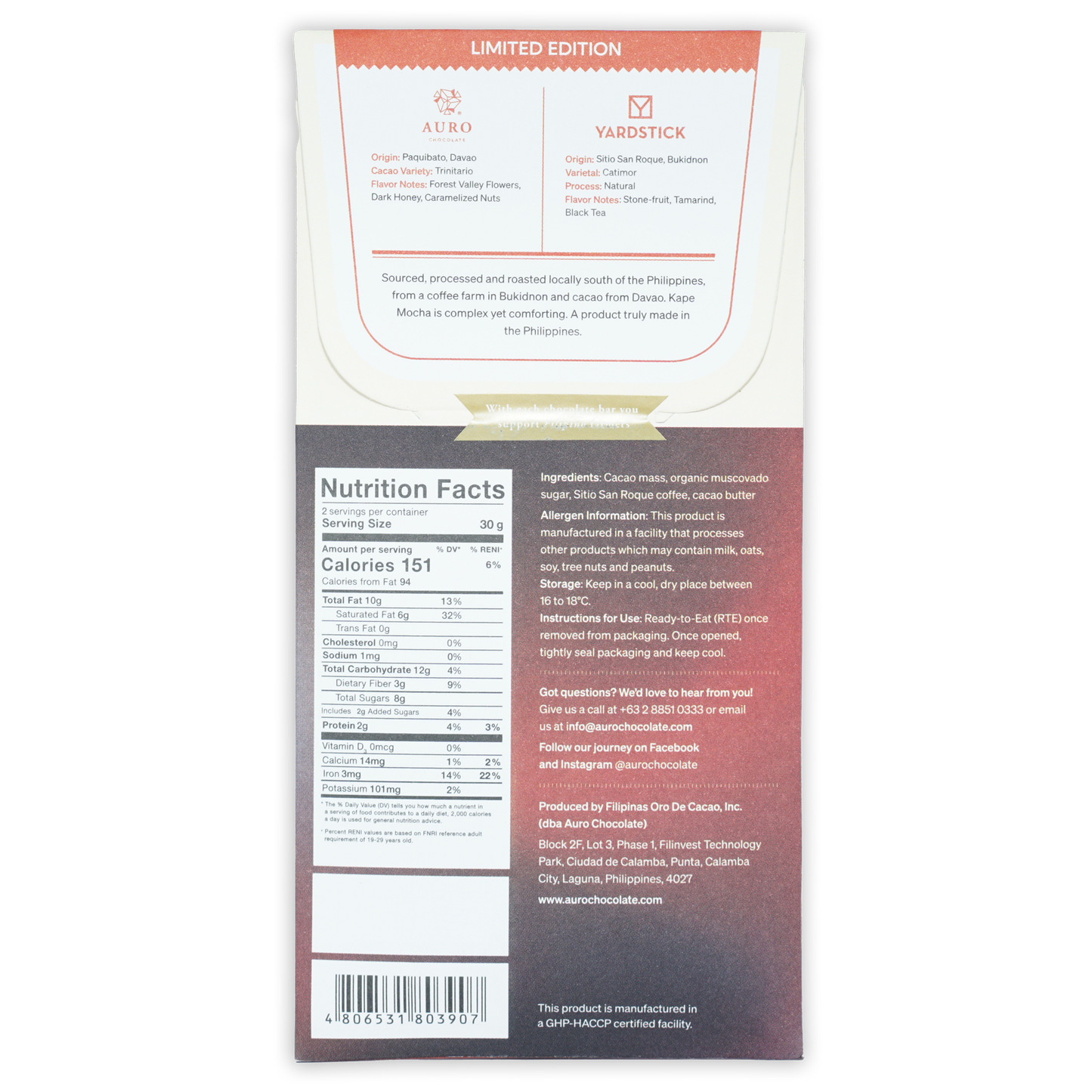 Limited edition Auro Kape Mocha 70% yardstick chocolate bar