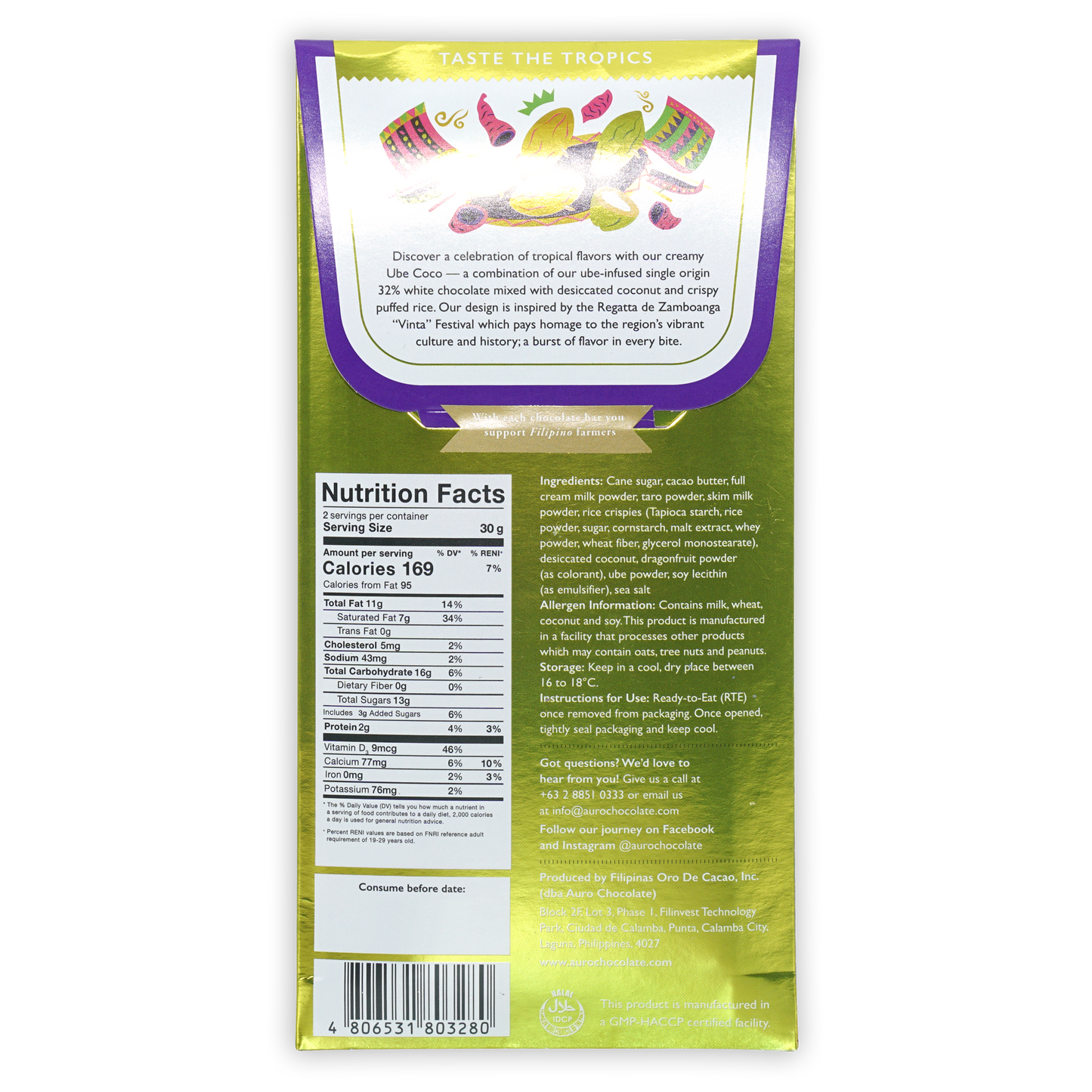 Back of Auro Ube White Chocolate bar with coconut, puffed rice, tropical fruits