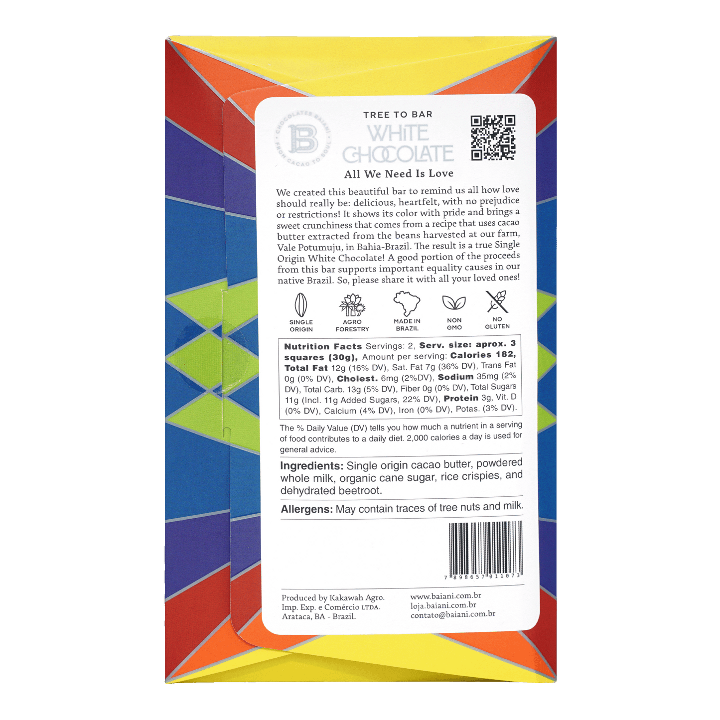 Baiani All We Need Is Love white chocolate bar with rice crispies