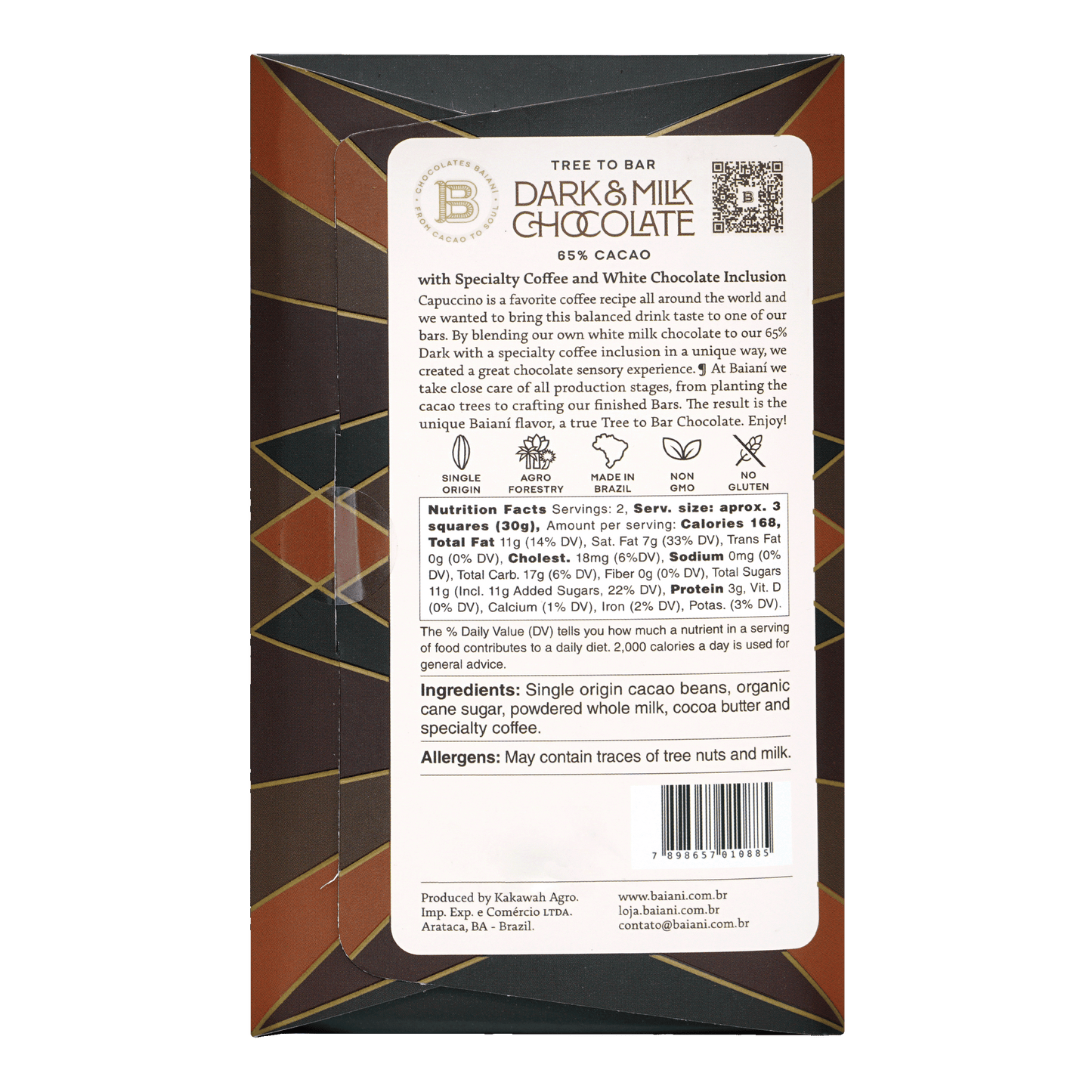Baiani Brazilian Cappuccino Chocolate 65% dark bar with tree to bar wrapper