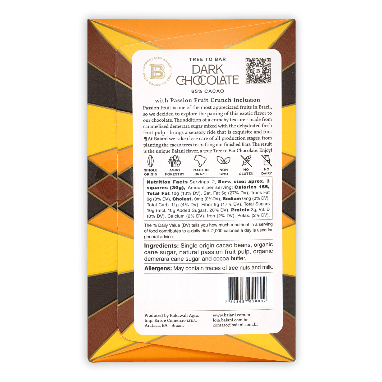 Back of Baiani Dark w/ Passionfruit Crunch 65% chocolate bar in orange brown wrapper