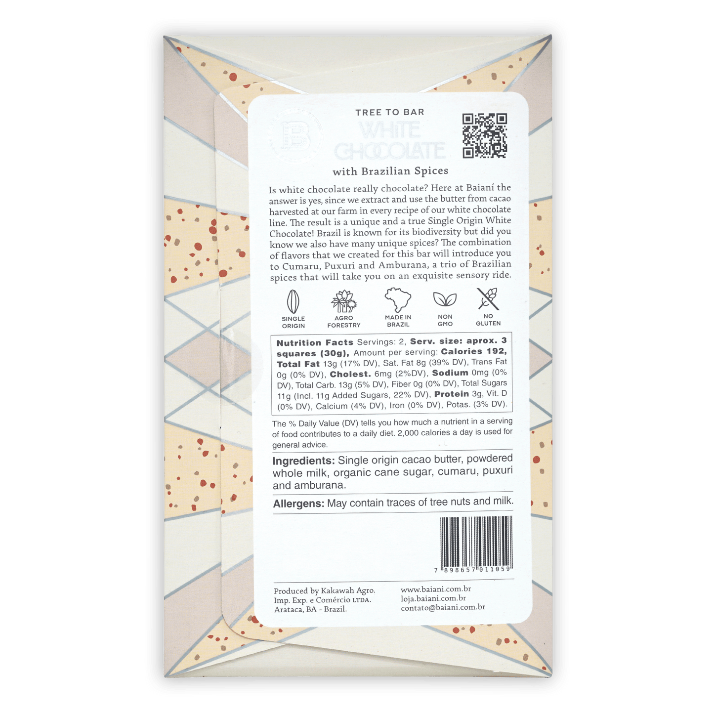Baiani White Chocolate with Brazilian Spices in geometric wrapper