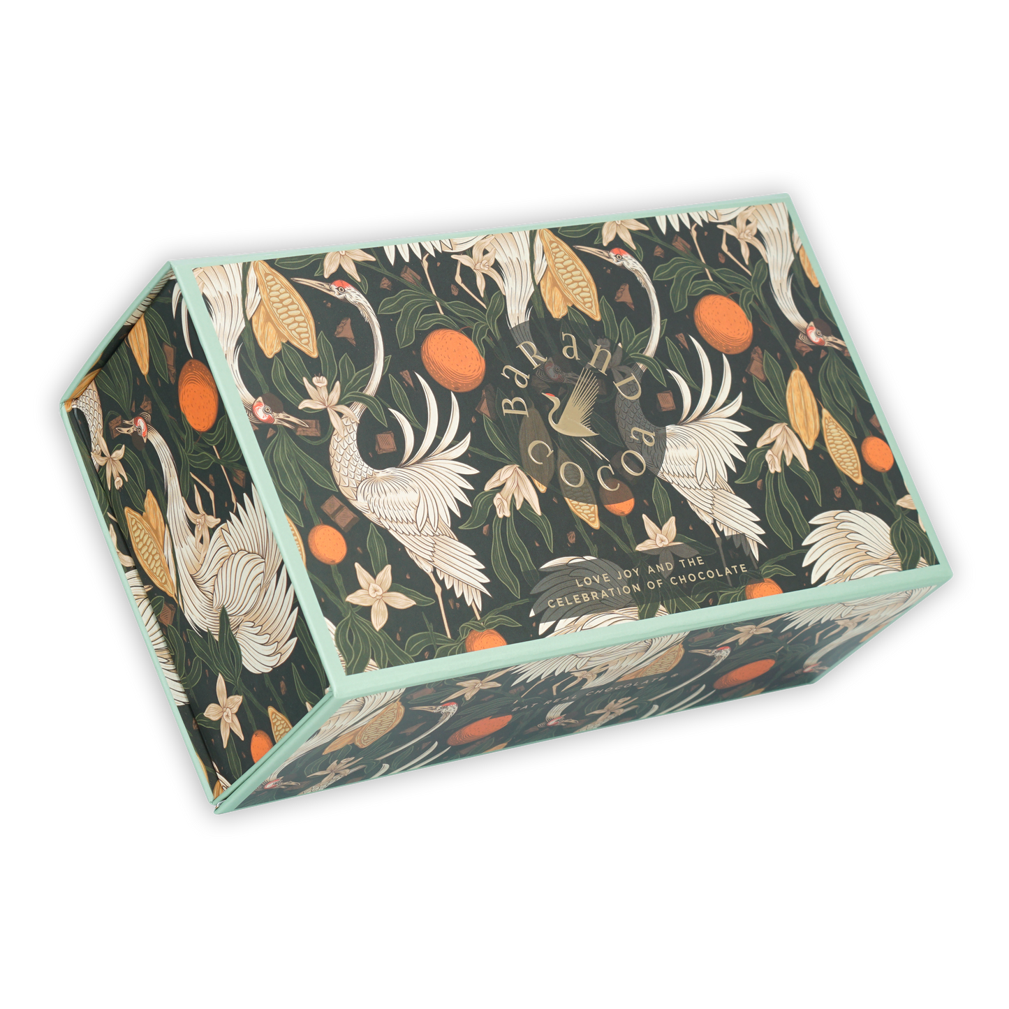 Bar & Cocoa rectangular chocolate gift box with cranes, cocoa pods, floral patterns on dark green background