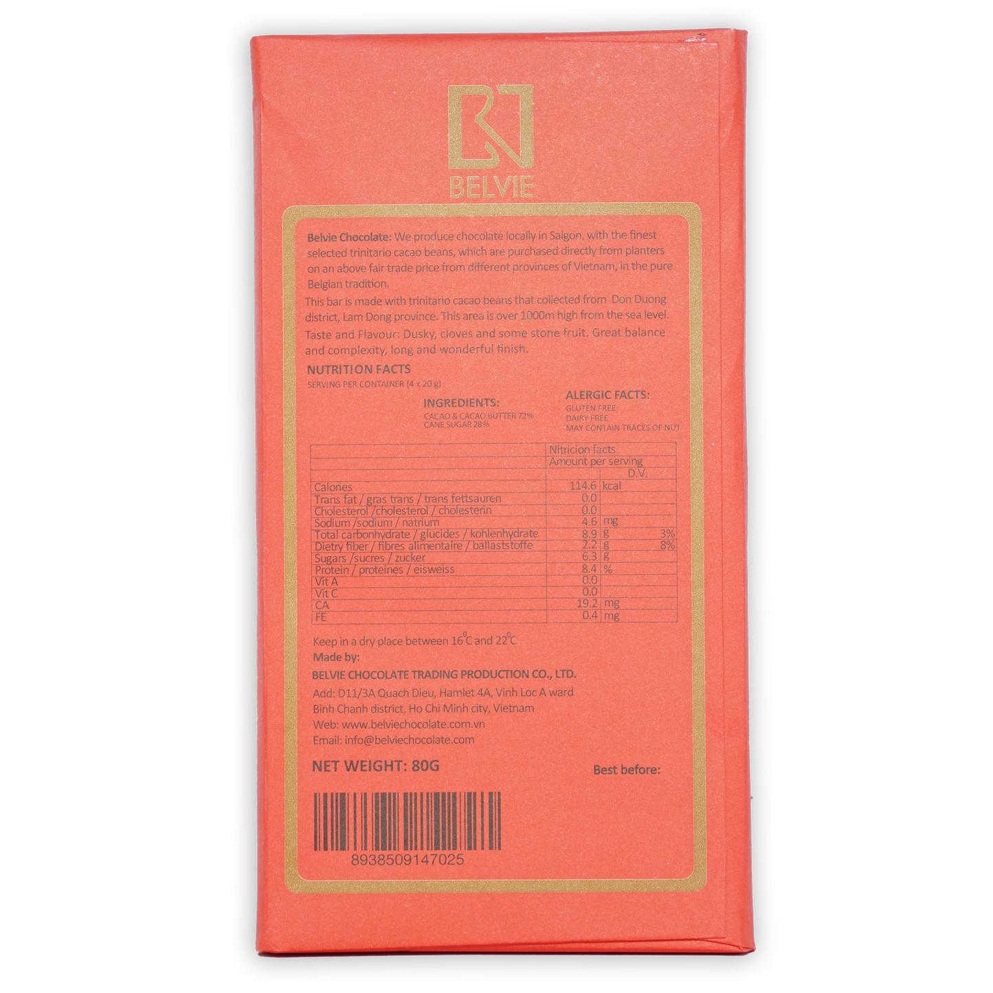 Belvie Don Duong 72% coral chocolate bar wrapper with gold logo