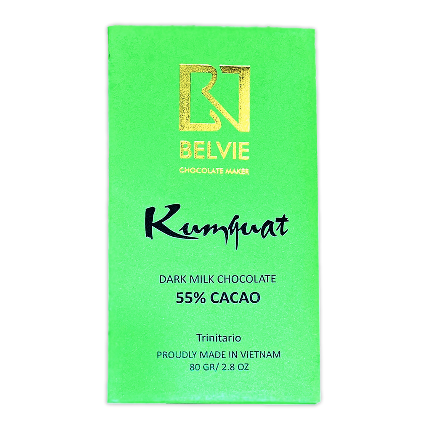 Belvie Dark Milk with Kumquat 55% cacao chocolate bar wrapper