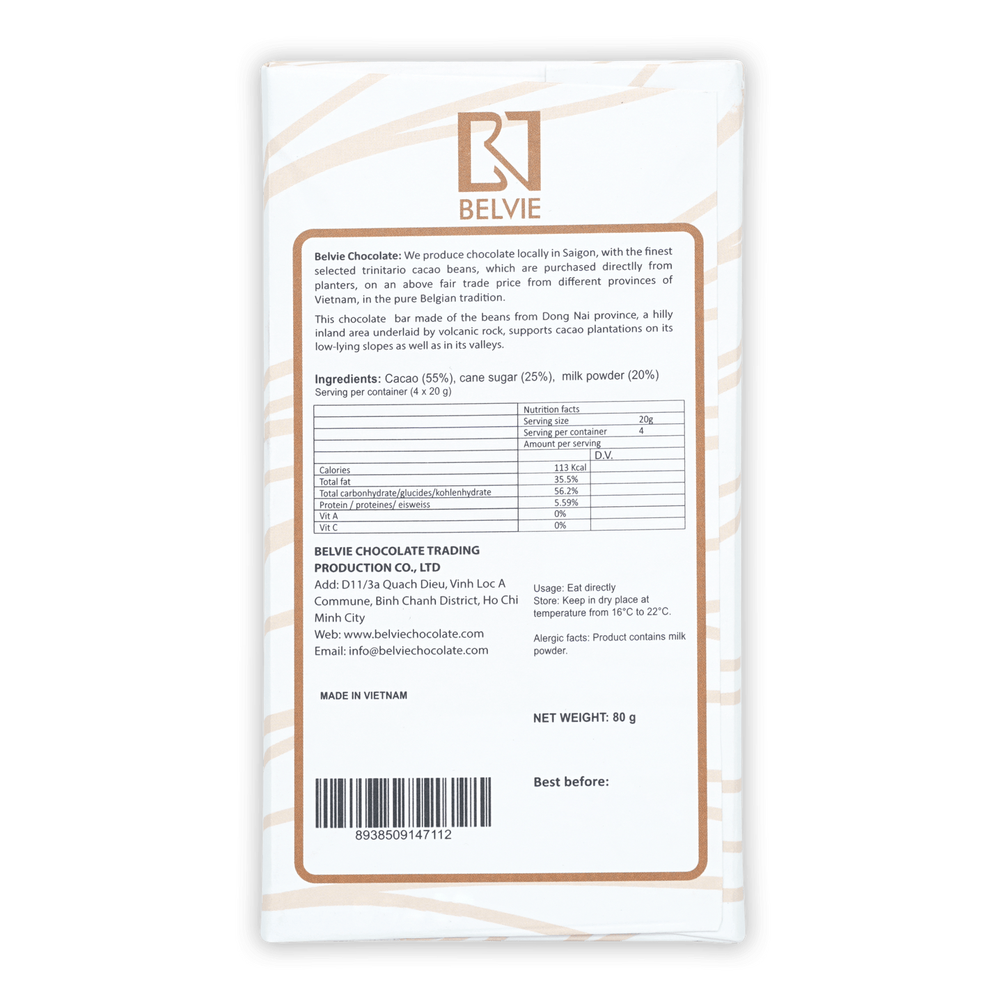 Belvie Milk Chocolate 55% bar in white wrapper with gold trim