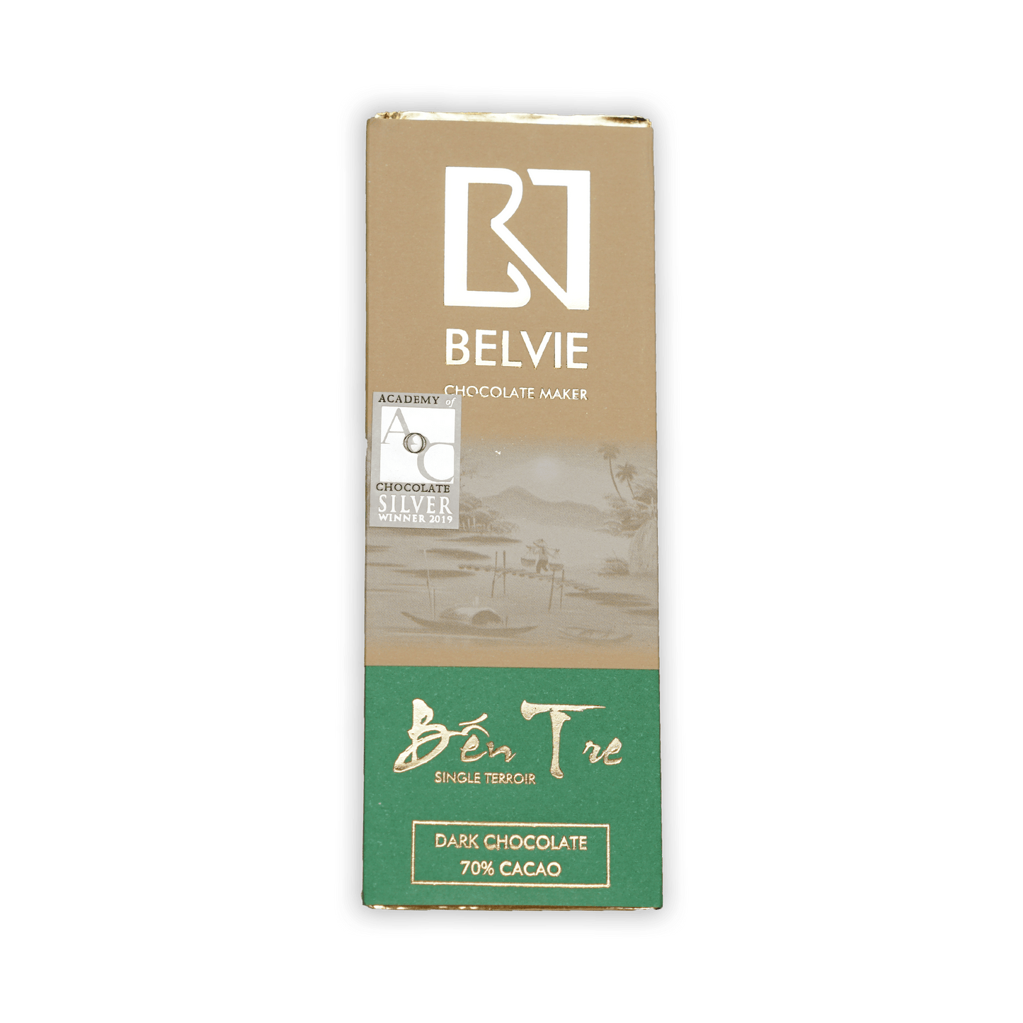 Belvie Ben Tre 70% dark chocolate bar in brown green wrapper