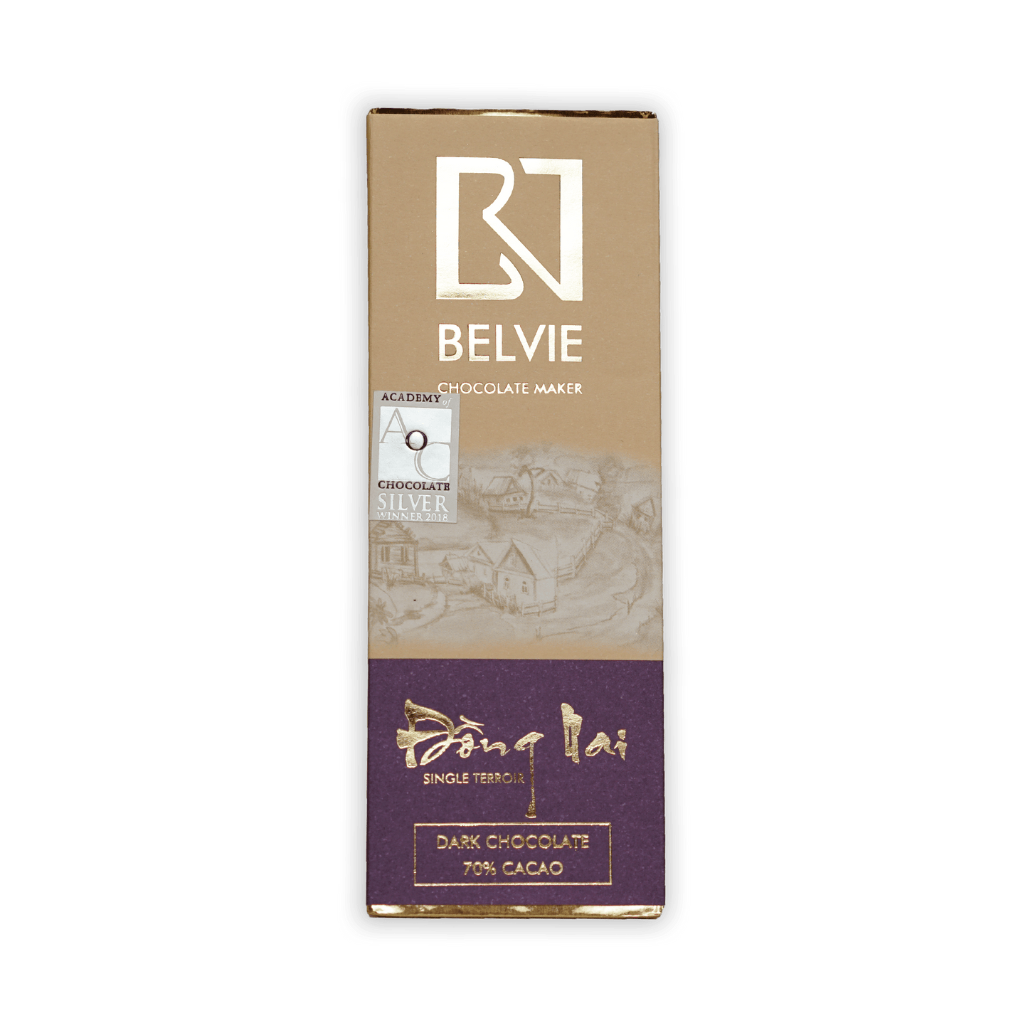 Belvie Mini Chocolate Bars Dong Nai 70% dark chocolate bar in beige purple wrapper