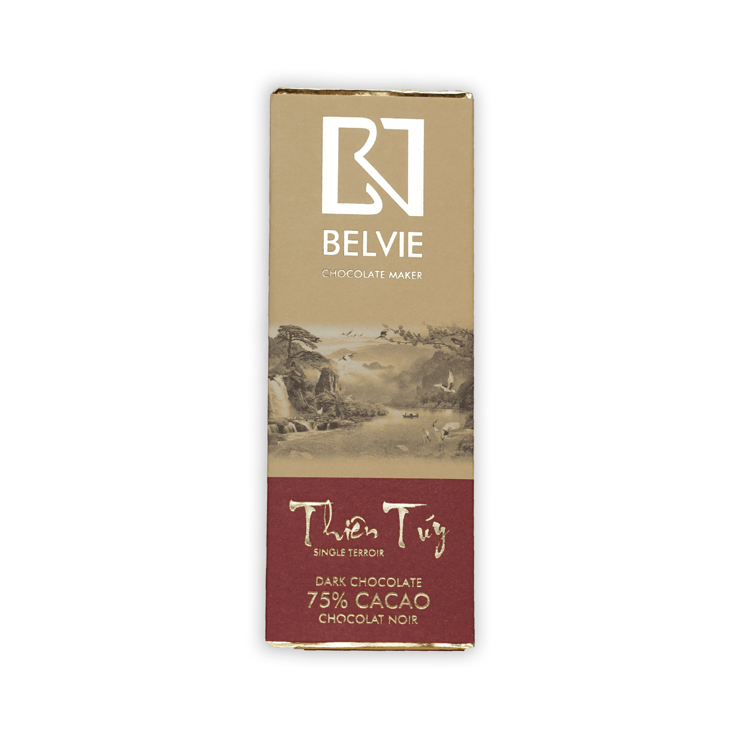 Belvie Thien Tuy 75% mini dark chocolate bar in beige burgundy foil