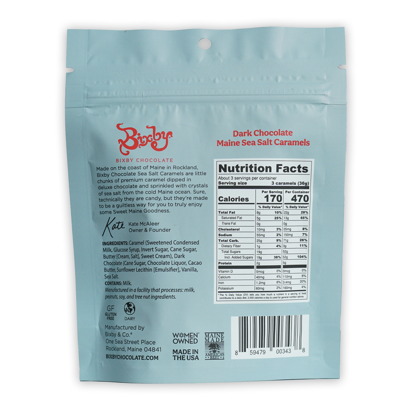 Light blue Bixby Dark Chocolate Maine Sea Salt Caramels pouch