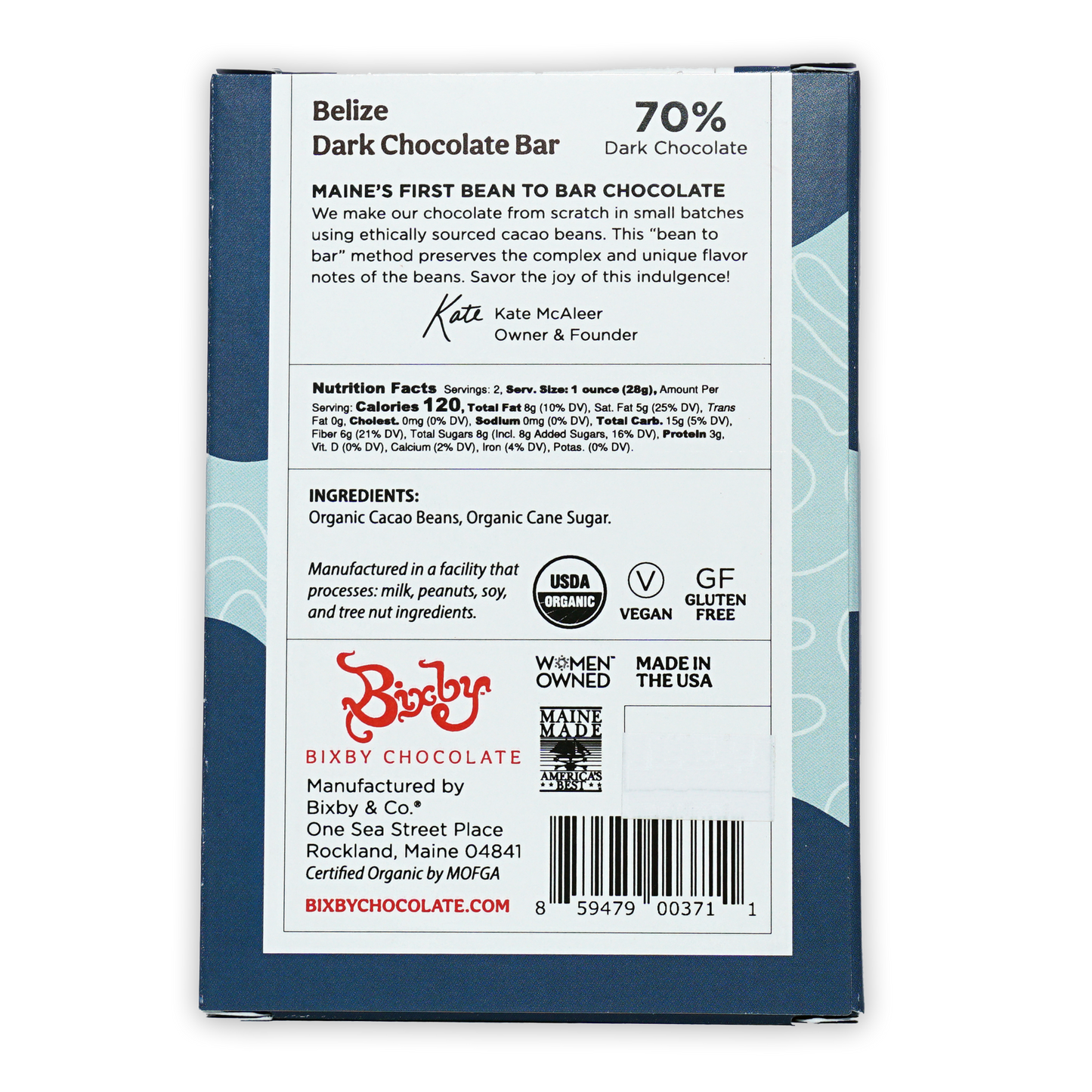 Bixby Dark Chocolate Belize 70% bar in blue white wrapper