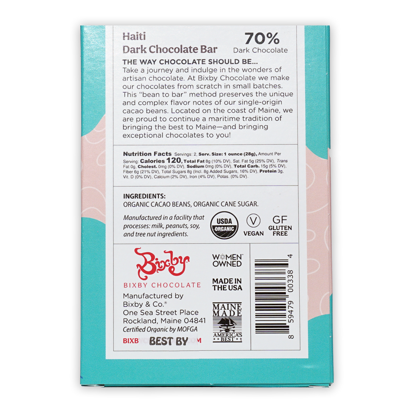 Bixby Dark Chocolate Haiti 70% bar in teal pink wrapper