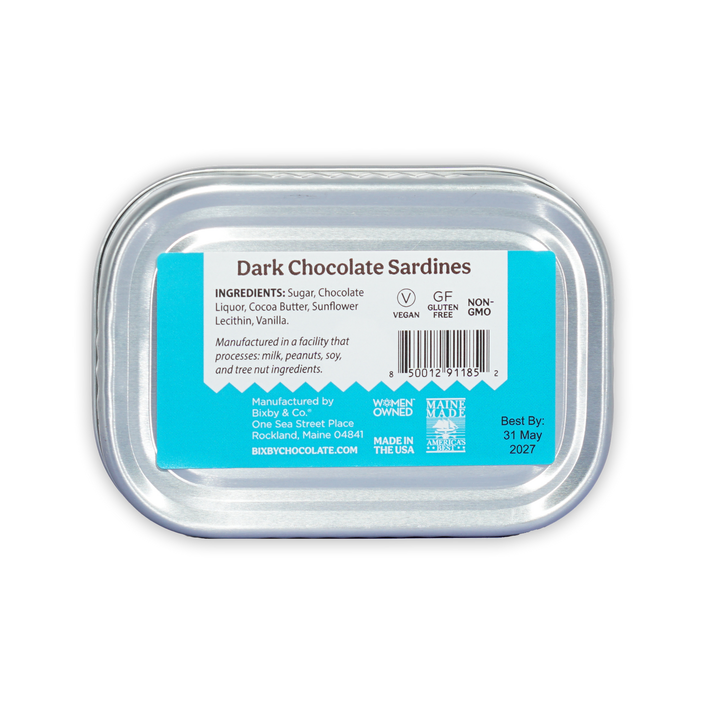 Bixby Tinned Dark Chocolate Sardines in transparent plastic container