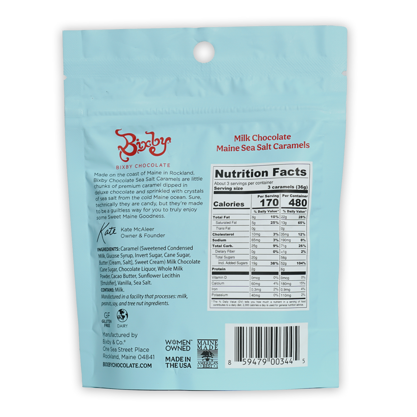 Light blue foil-wrapped Bixby Milk Chocolate Sea Salt Caramels package