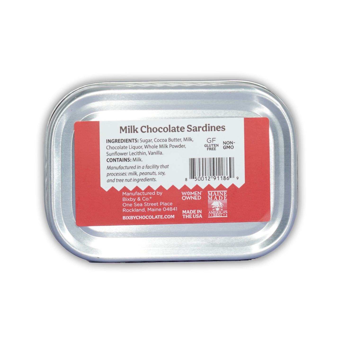 Bixby tinned milk chocolate sardines in rectangular silver tin with red and white label