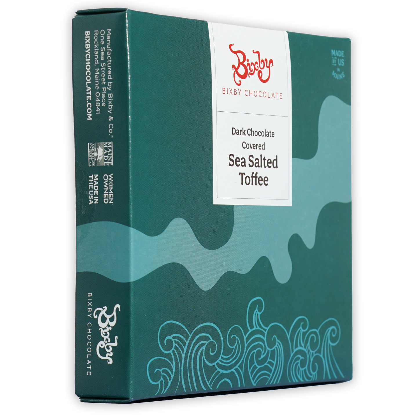 Bixby dark chocolate toffee gift box in teal wave pattern