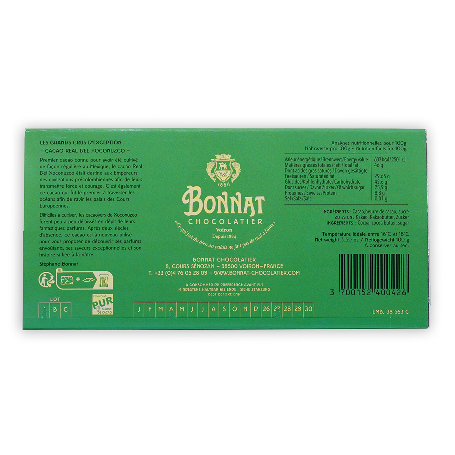 Bonnat Cacao Real del Xoconuzco Mexico 75% green gold wrapper