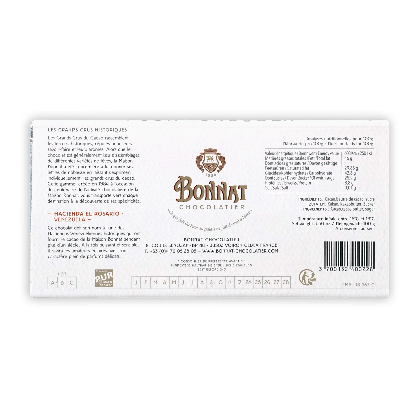 Bonnat Hacienda El Rosario 75% white box with gold crest logo