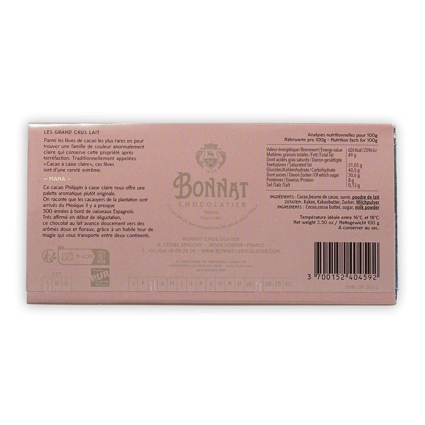 Bonnat Mana Philippines Milk 65% pink box with gold lettering crest