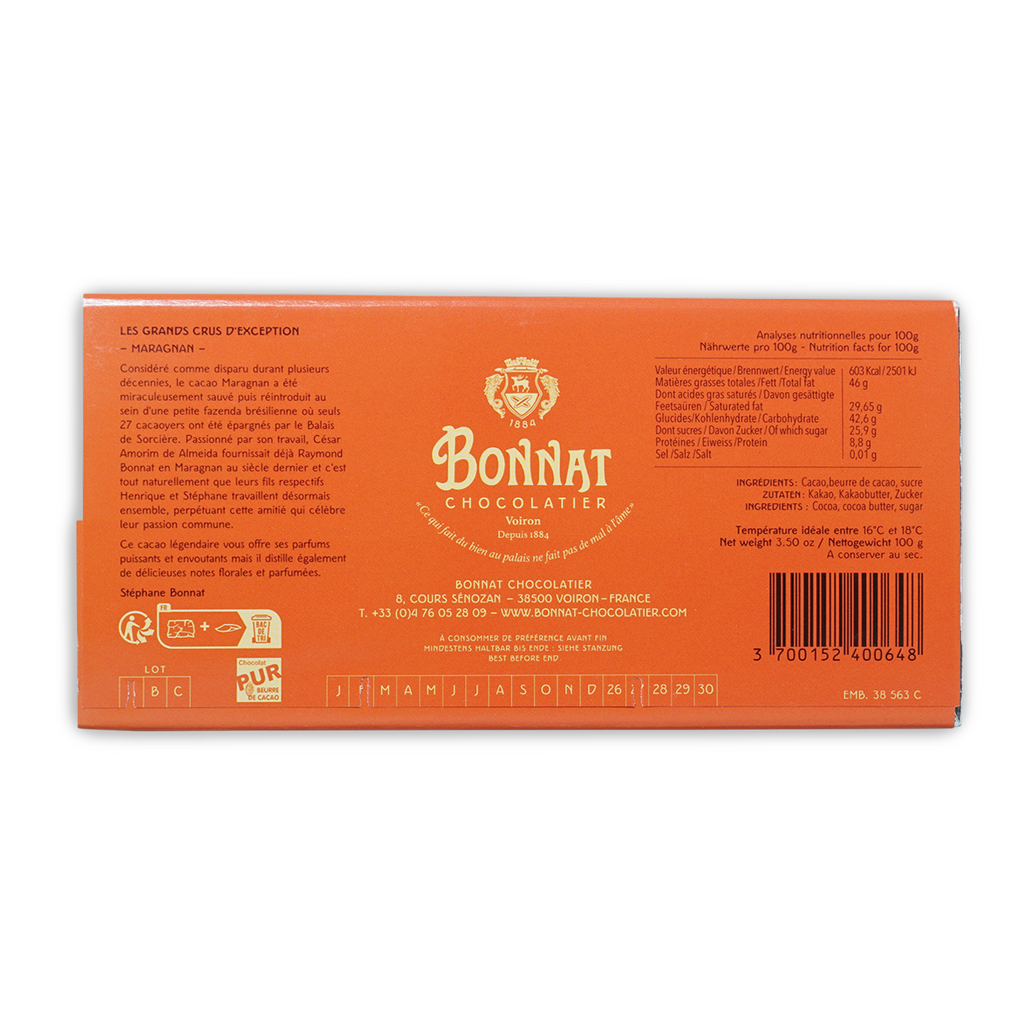 Bonnat Maragnan Brazil 75% orange box with gold lettering crest