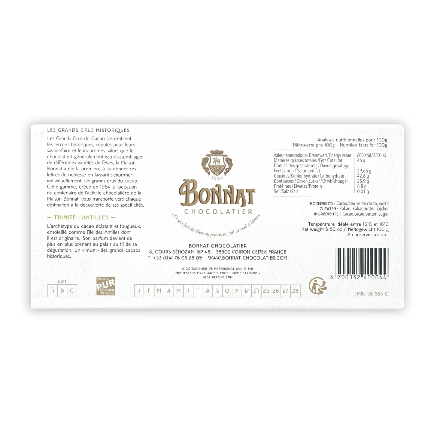 Bonnat Trinite Trinidad 75% dark chocolate bar label