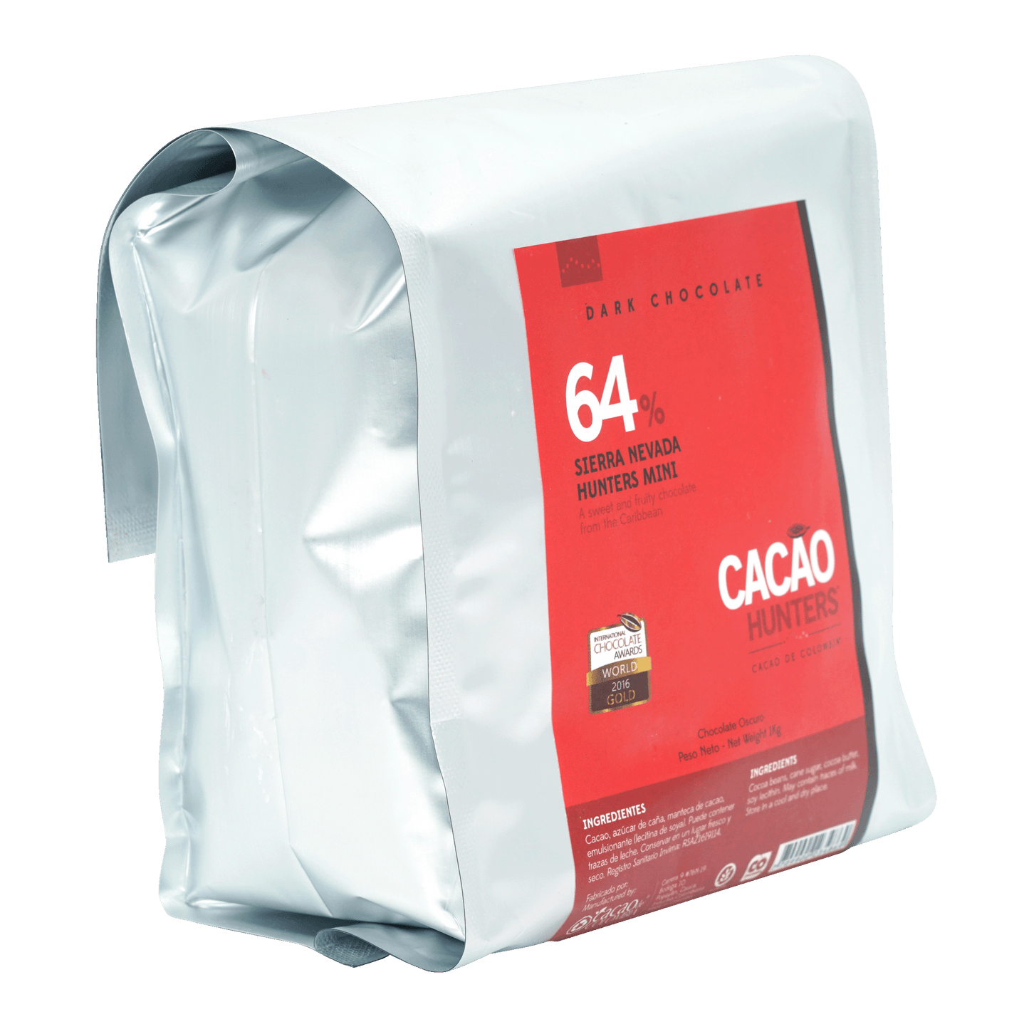 Sleek silver Sierra Nevada Cacao Hunters 64% dark chocolate minis 1kg bag