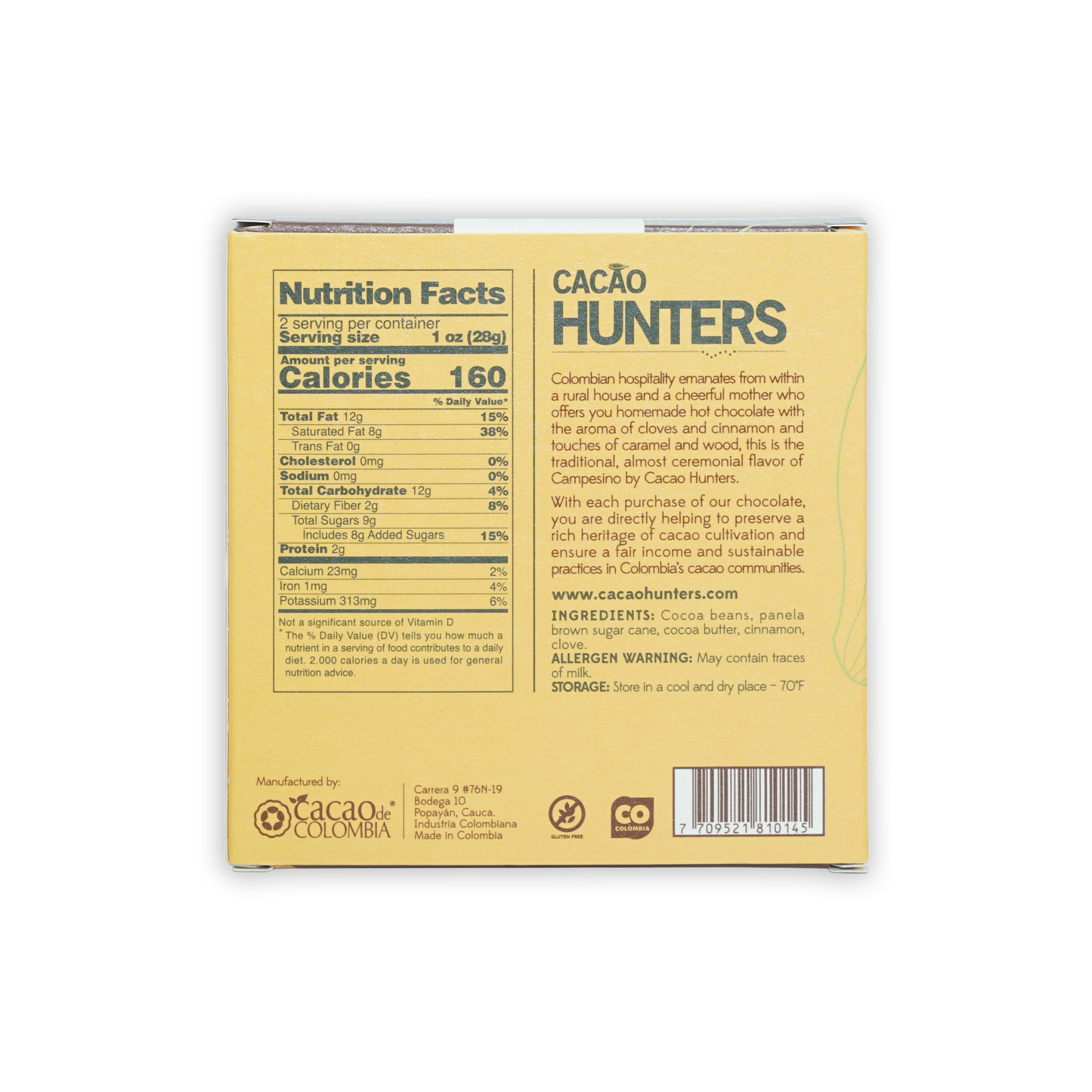 Cacao Hunters Dark Chocolate w/ Spice 64% Campesino yellow box