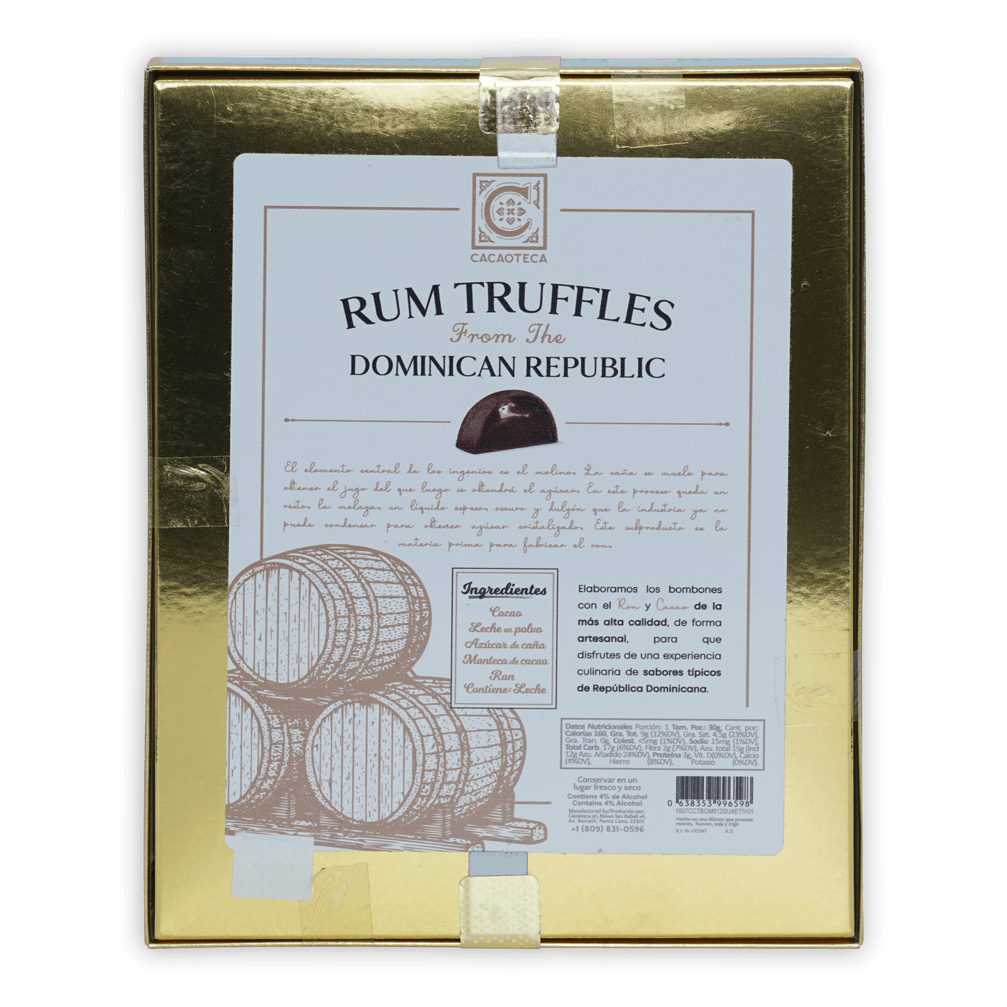 Gold Cacaoteca rum truffles box from Dominican Republic, 12 pcs