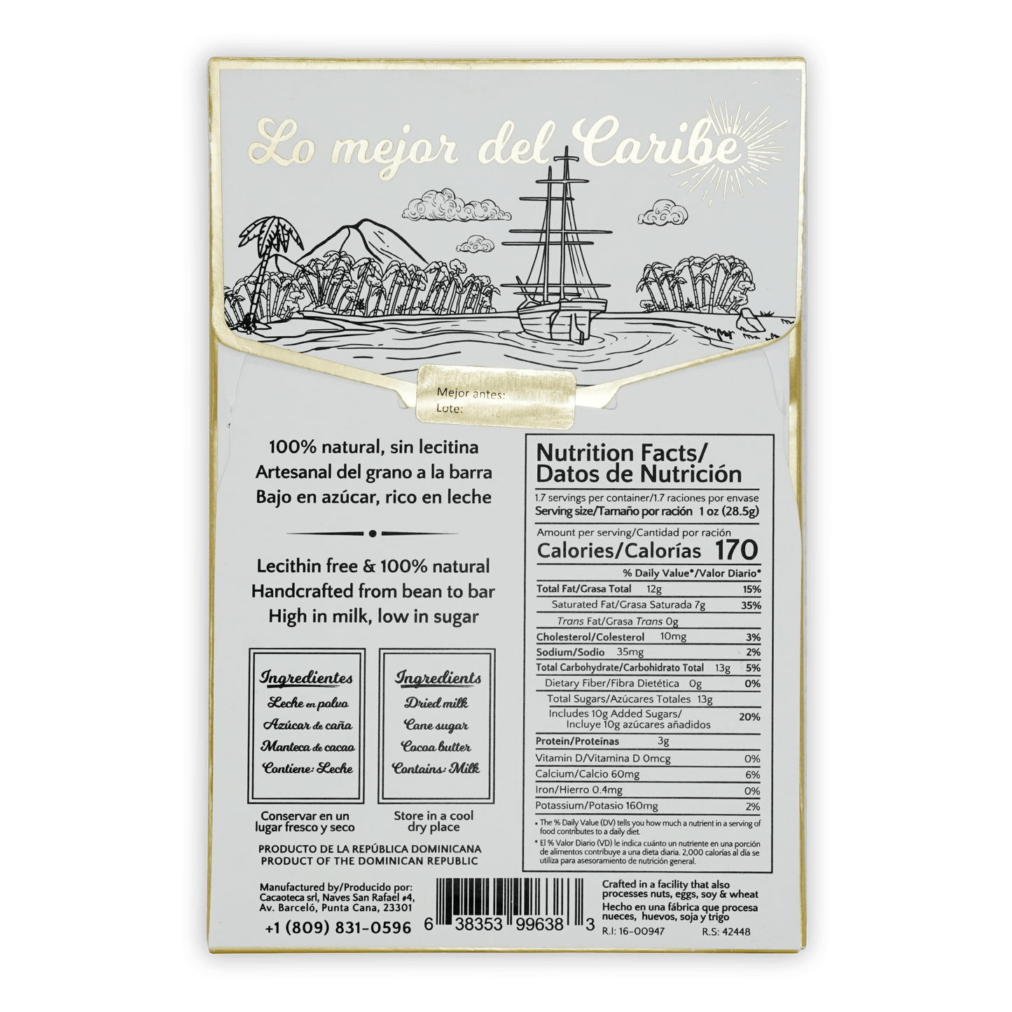 Cacaoteca White Chocolate 32% box with gold accents and Caribbean scene art