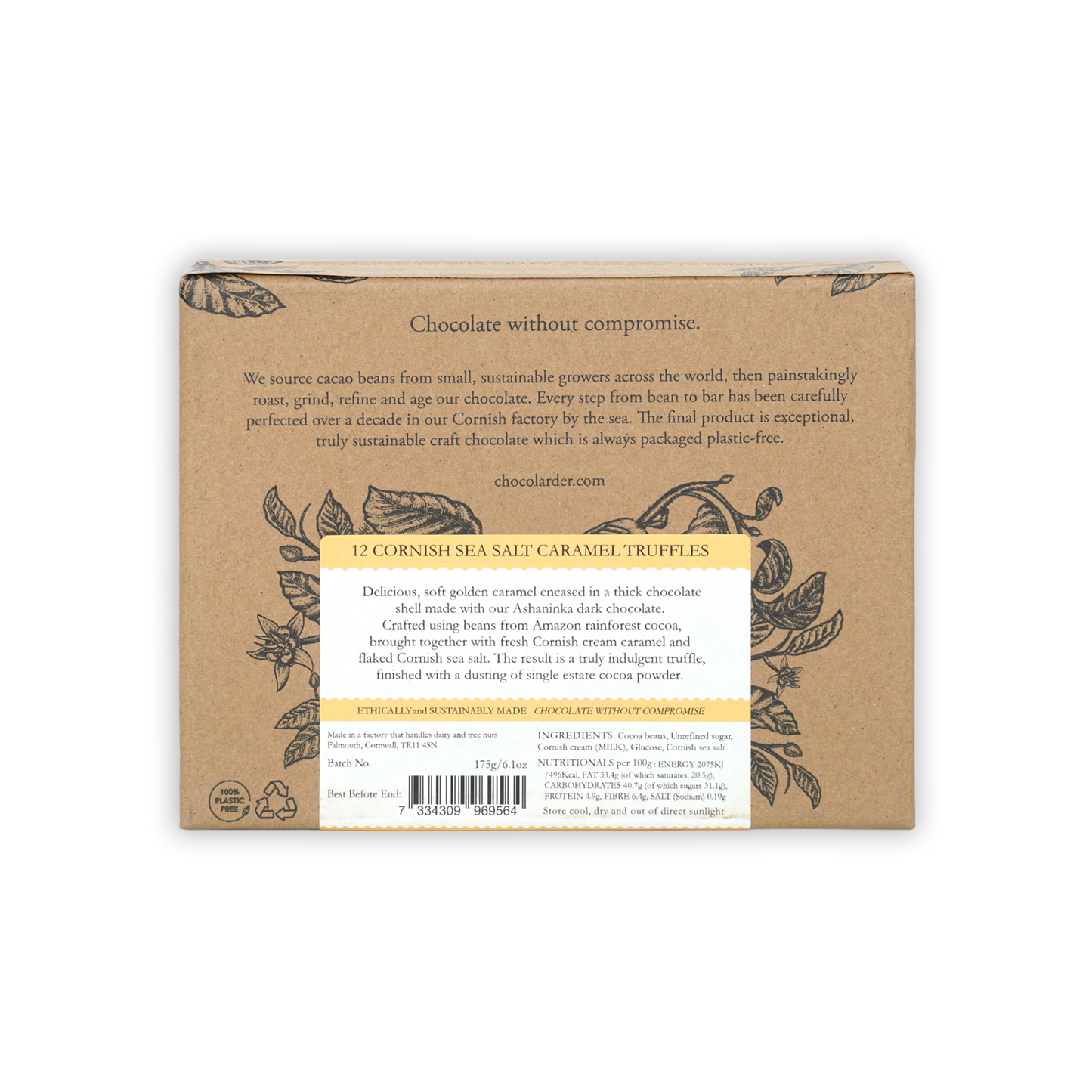 Chocolarder 12 pcs sea salt caramel truffles kraft box with botanical illustrations