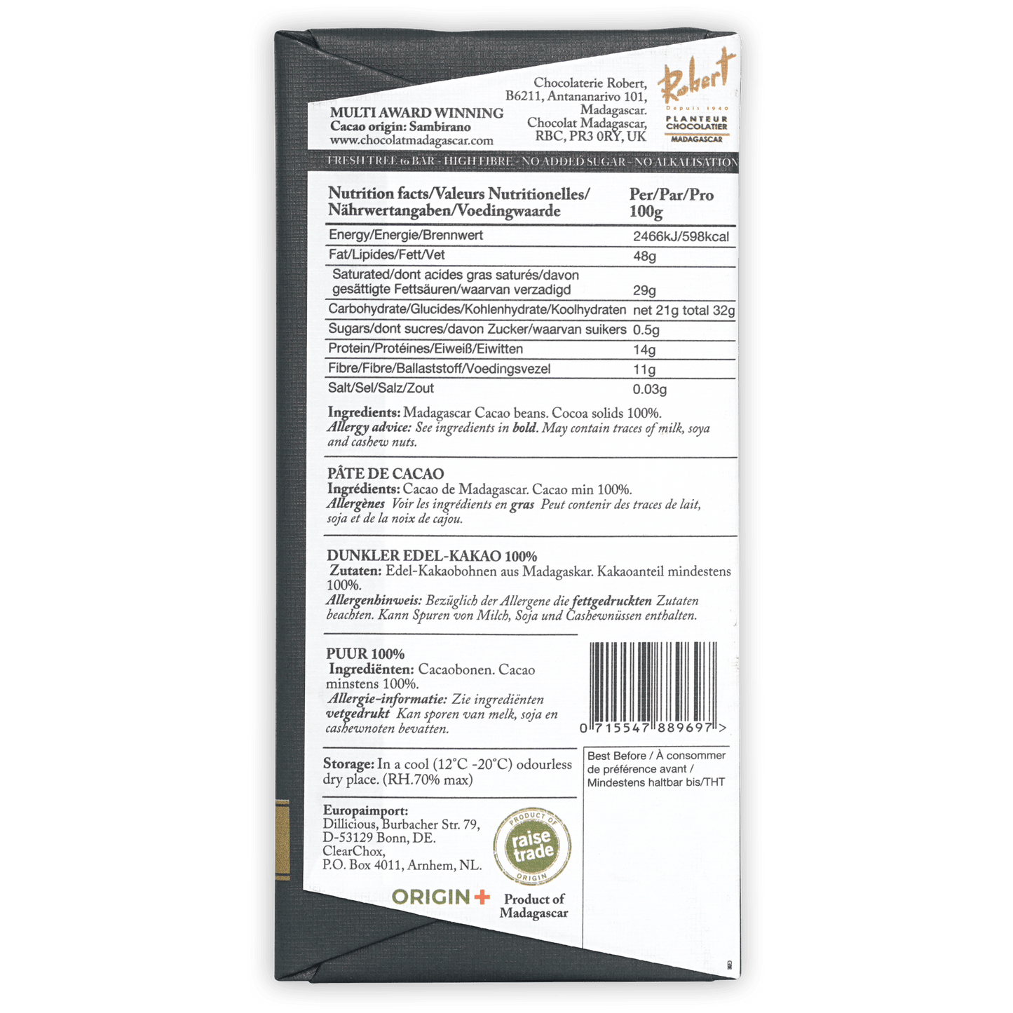 Chocolat Madagascar Dark 100% cacao bar from Madagascar in black wrapper