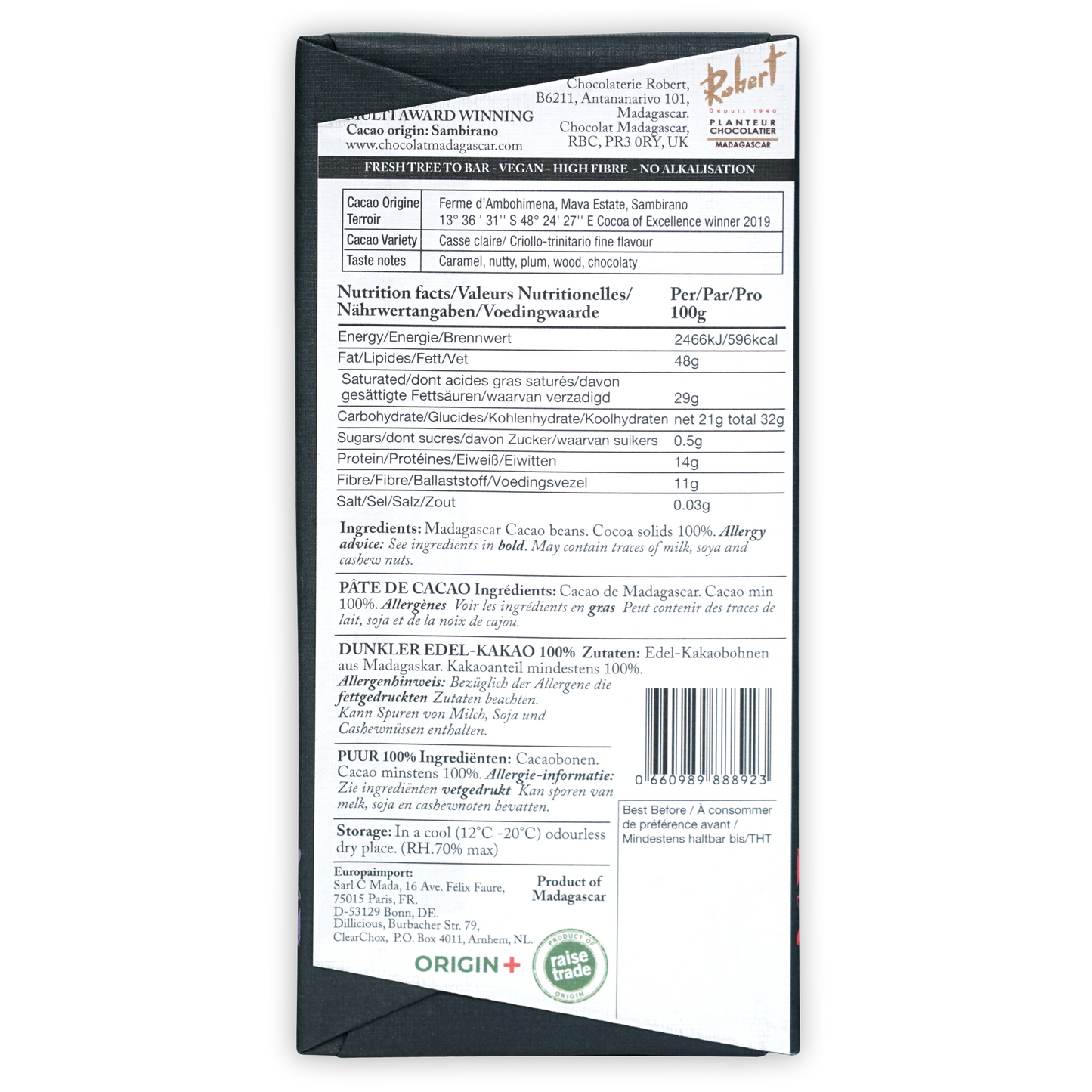Chocolat Madagascar Dark Mava Ambohimena 100% bar from Madagascar in matte black foil