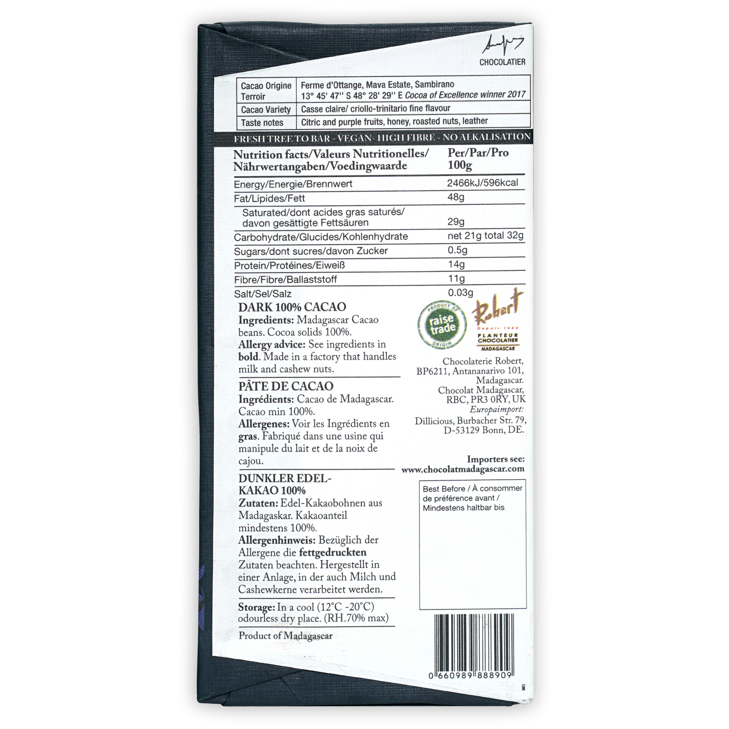 Chocolat Madagascar Dark Mava Ottange 100% cacao bar in black foil